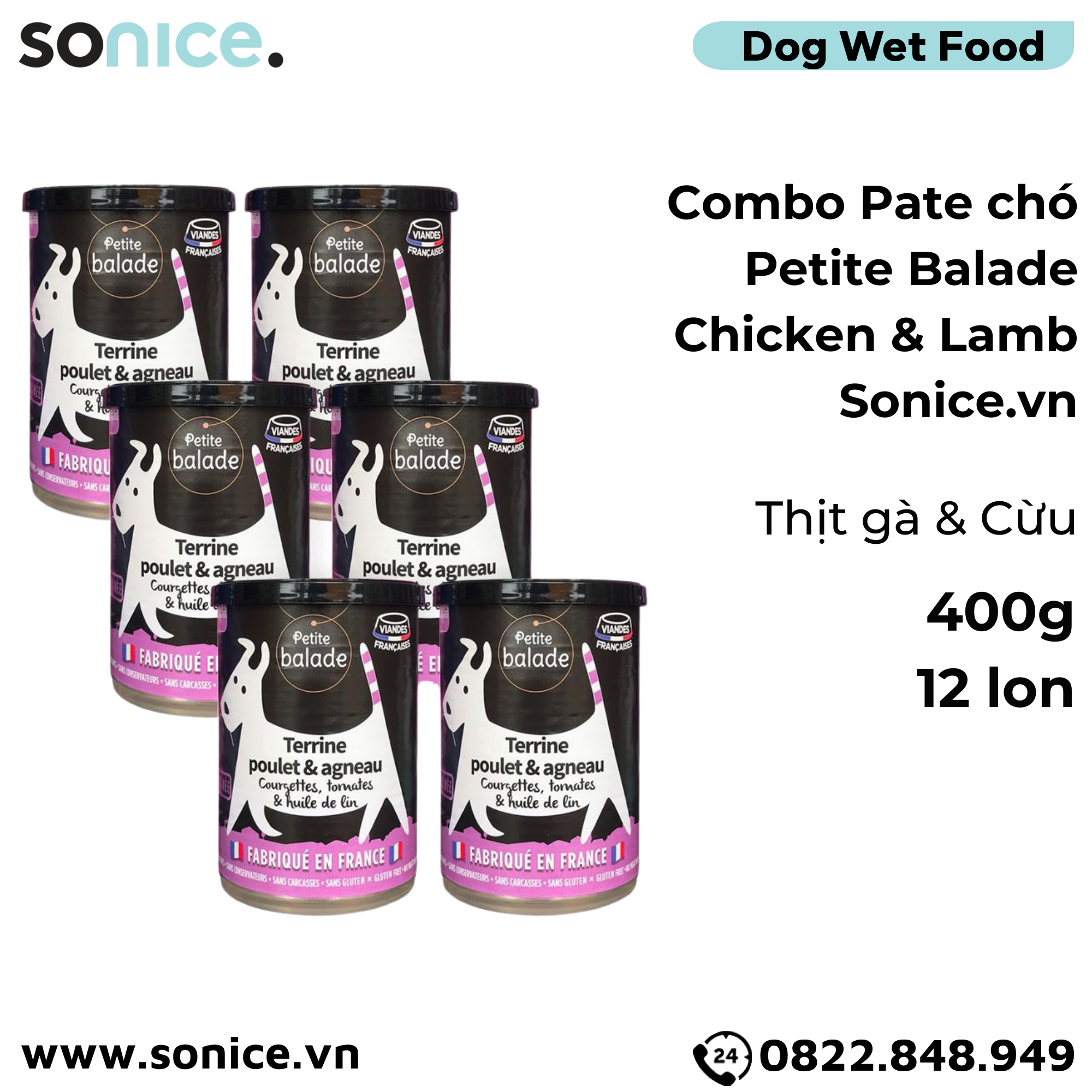  Combo Pate chó Petite Balade Chicken & Lamb 400g - 12 lon - Thịt gà và cừu SONICE. 
