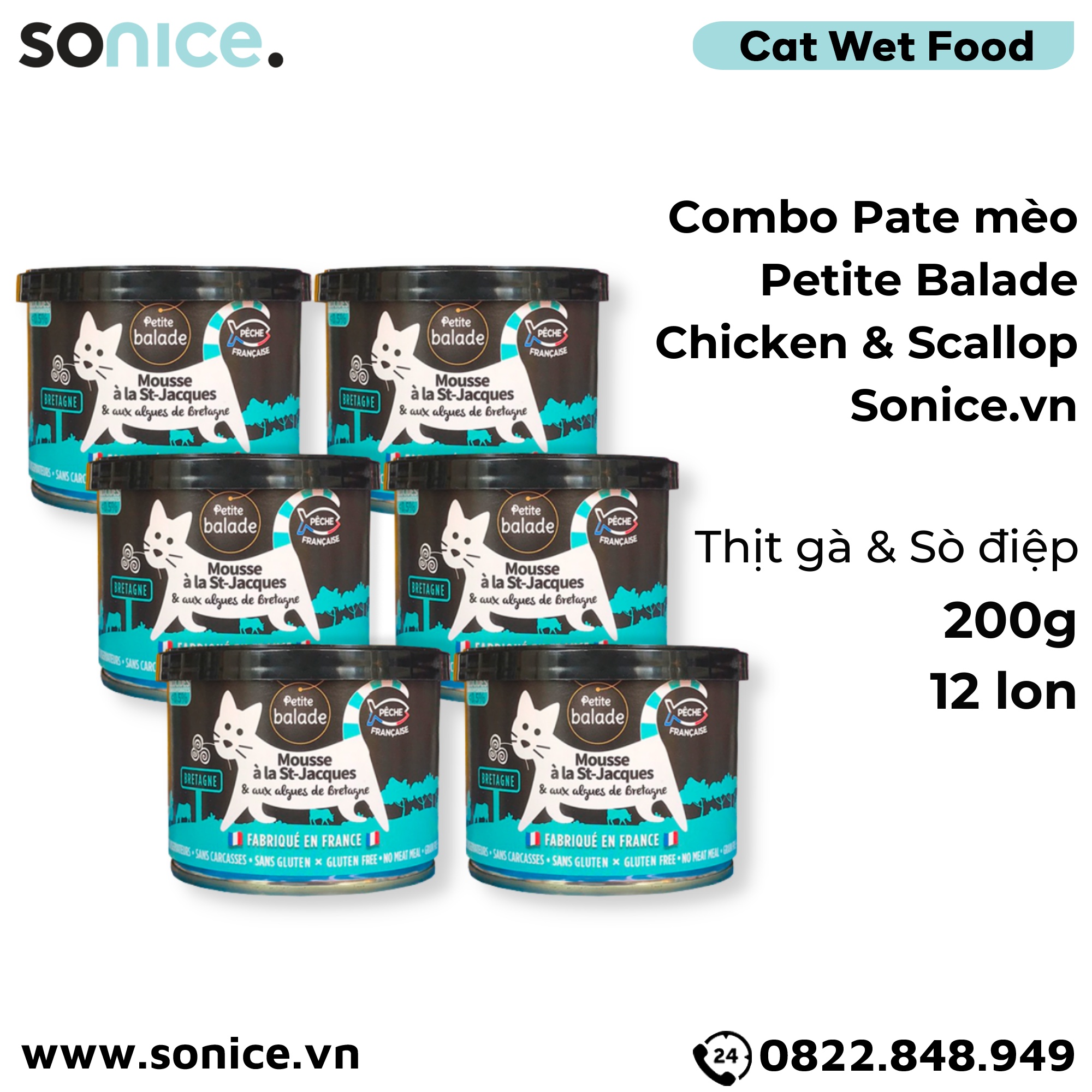  Combo Pate mèo Petite Balade Chicken & Scallop 200g - 12 lon - Thịt gà và sò điệp SONICE. 