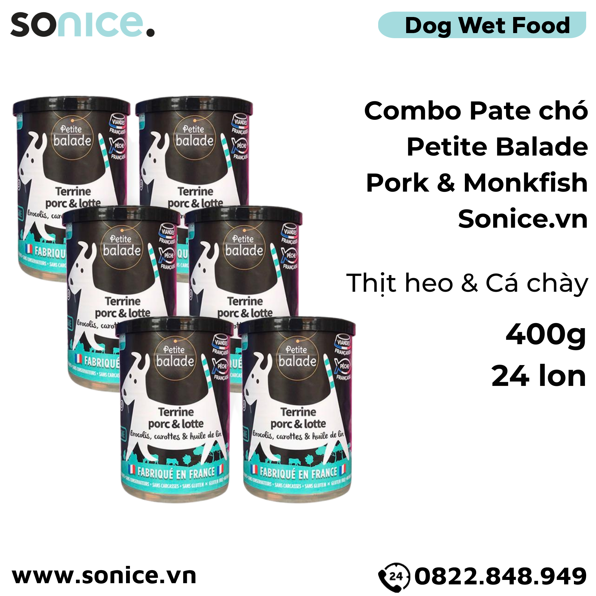  Combo Pate chó Petite Balade Pork & Monkfish 400g - 24 lon - Thịt heo và cá chày SONICE. 