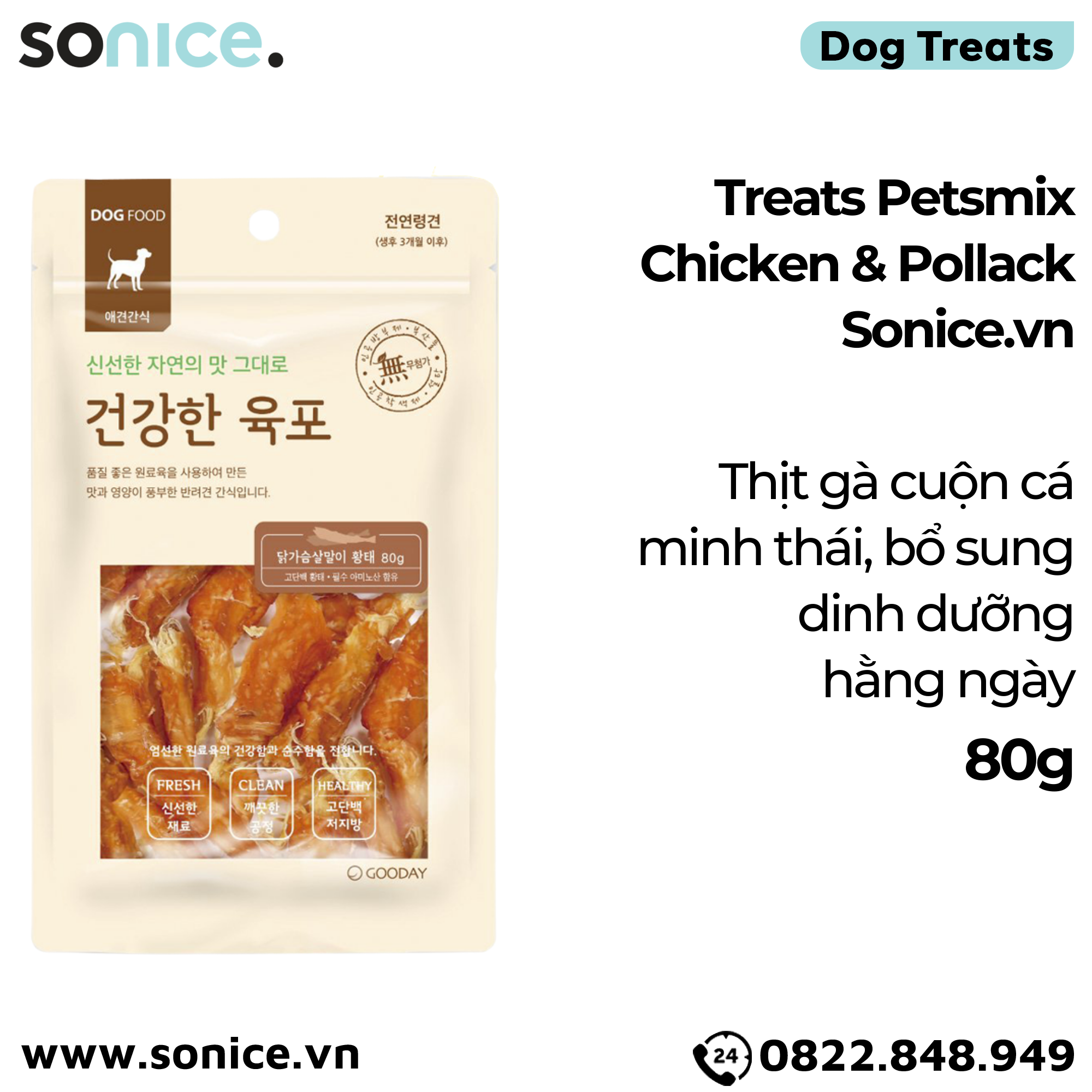  Treats Petsmix Chicken & Pollack 80g - Thịt gà cuộn cá minh thái, bổ sung dinh dưỡng hằng ngày SONICE. 