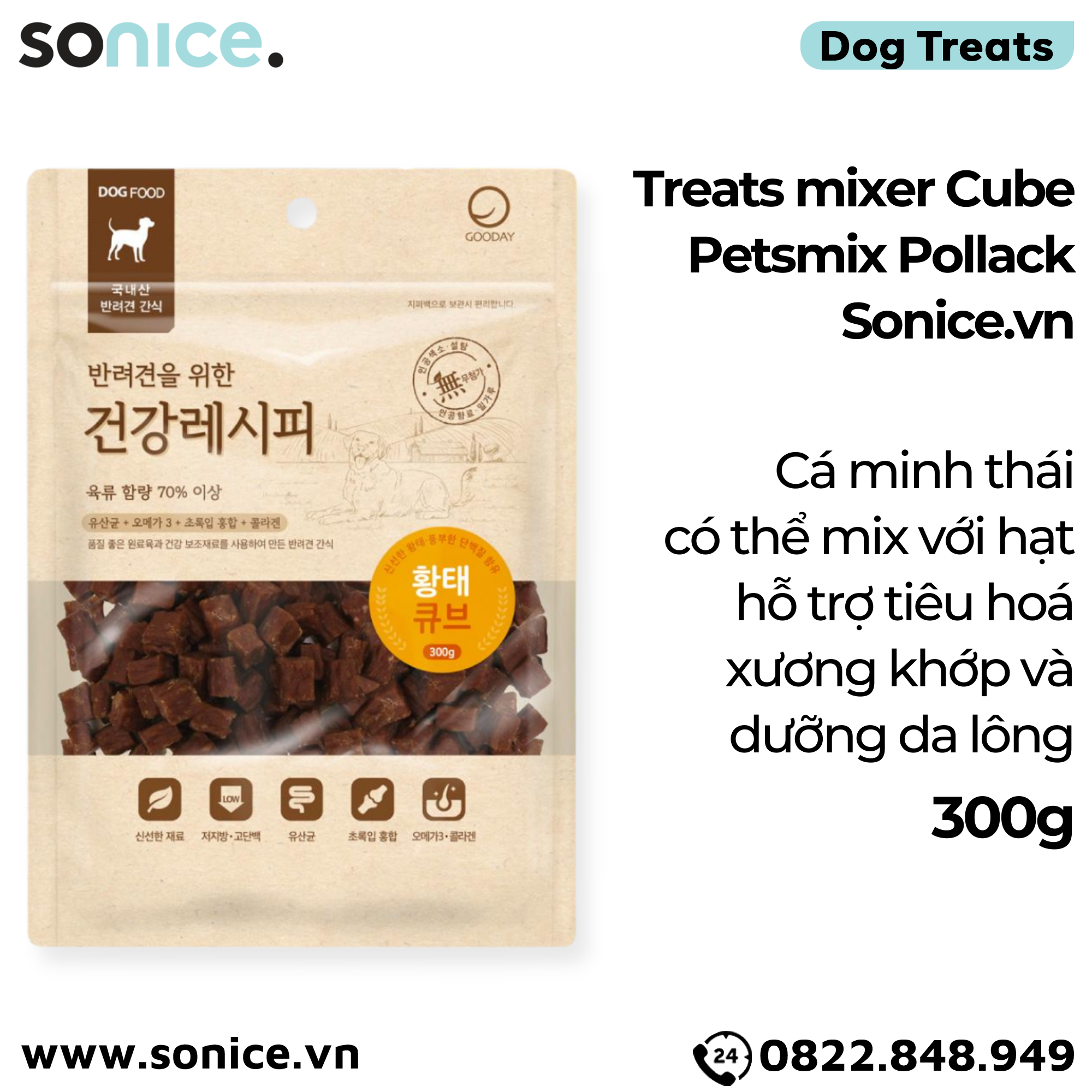  Treats mixer Cube Petsmix Pollack 300g Korea - Cá minh thái, có thể mix với hạt, hỗ trợ tiêu hoá, xương khớp, dưỡng da lông SONICE. 