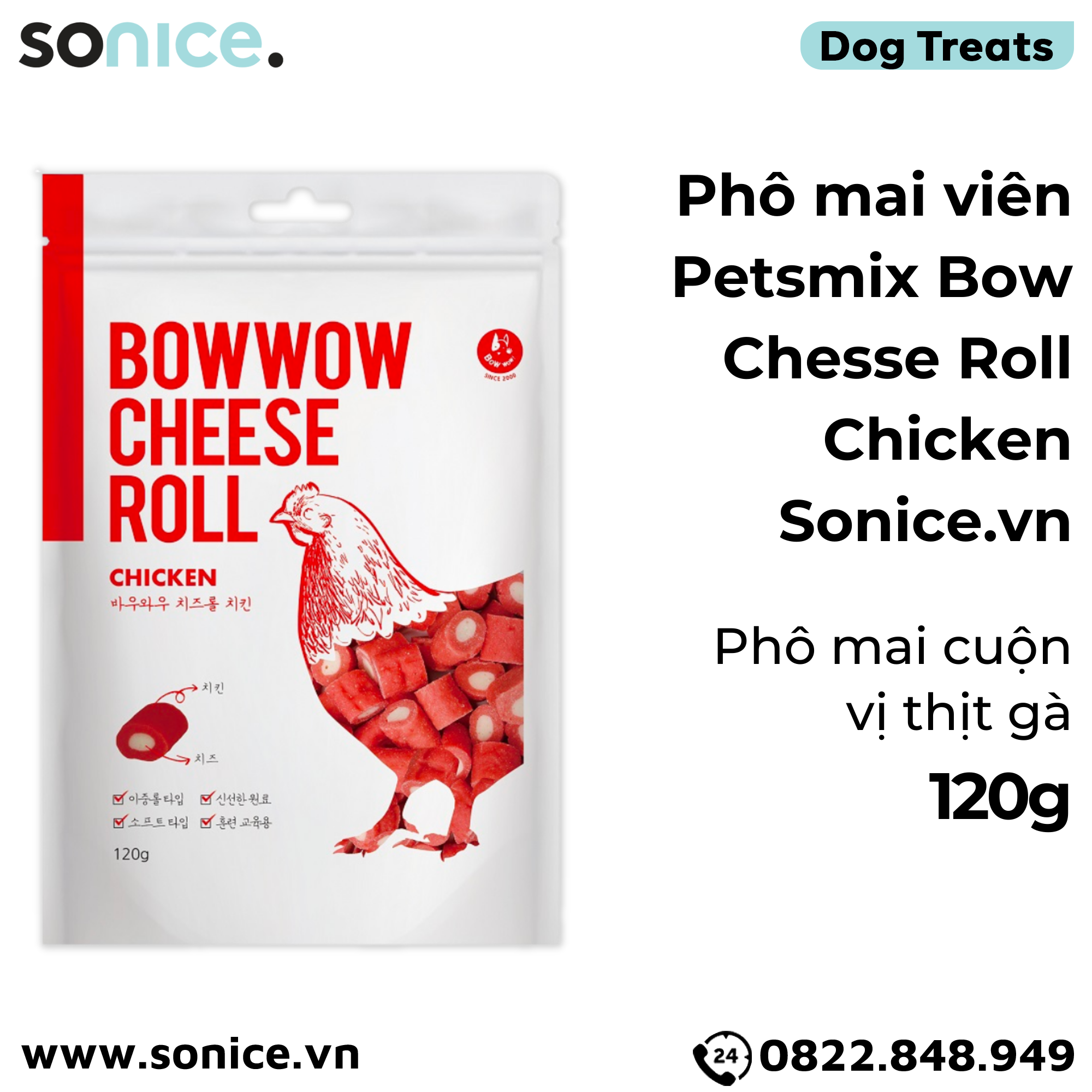  Phô mai viên Petsmix Bow Chesse Roll Chicken 120g - Phô mai cuộn gà SONICE. 