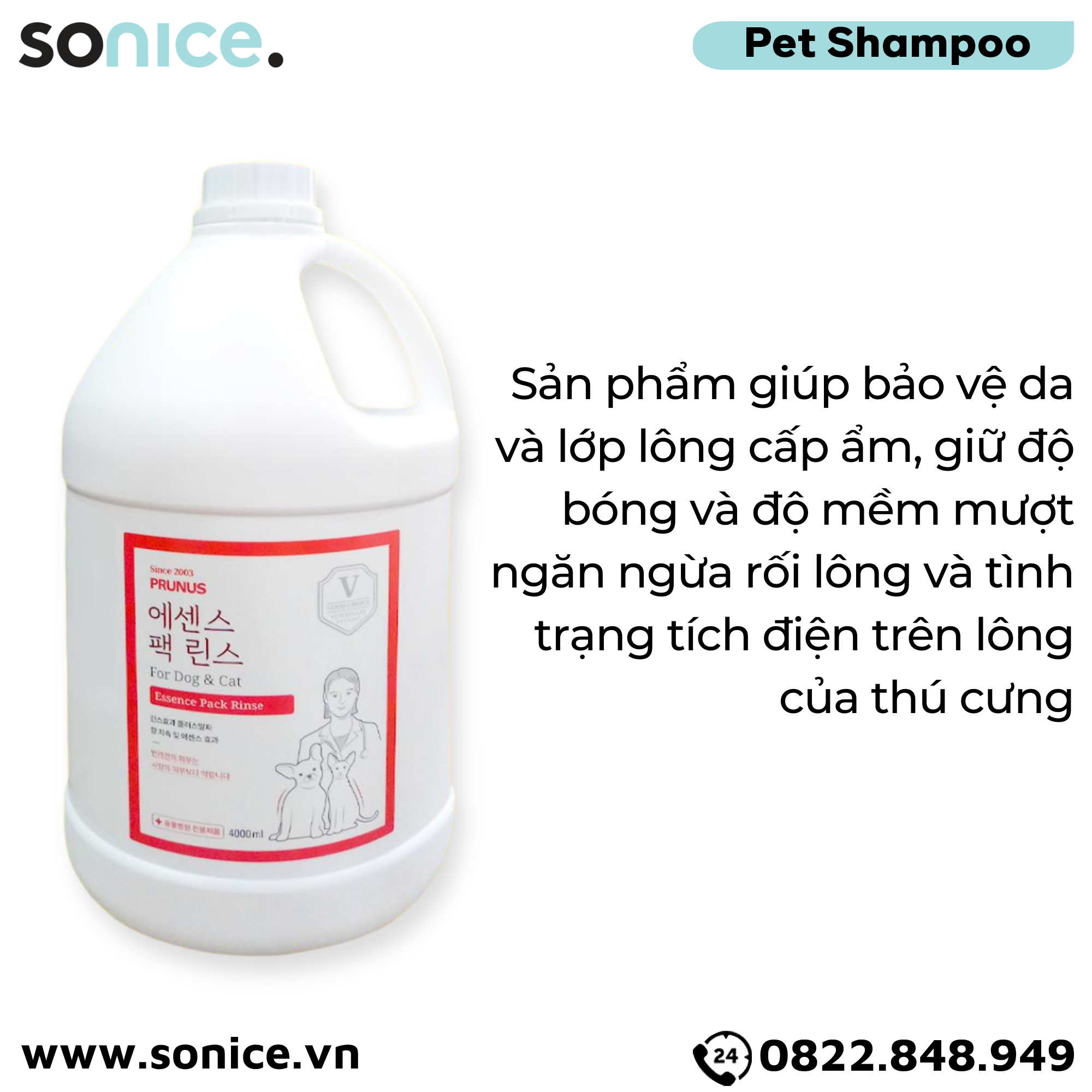  Dầu xả Prunus Essence Pack Rinse 4L - Làm mềm mượt lông cho chó mèo SONICE. 