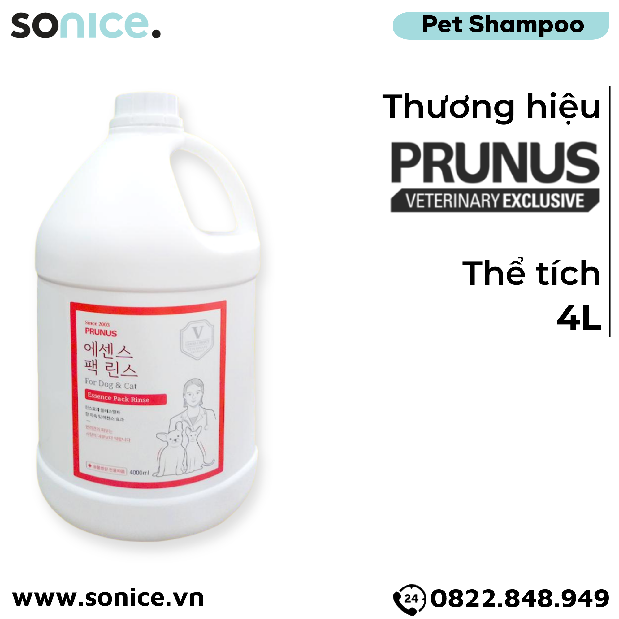  Dầu xả Prunus Essence Pack Rinse 4L - Làm mềm mượt lông cho chó mèo SONICE. 