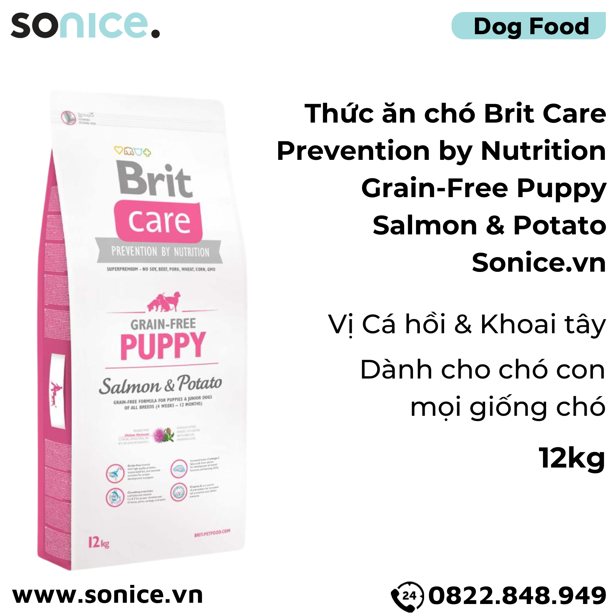  Thức ăn chó Brit Care Prevention by Nutrition Grain-Free Puppy Salmon & Potato 12kg - Dành cho chó con mọi giống chó vị Cá hồi và Khoai tây SONICE. 