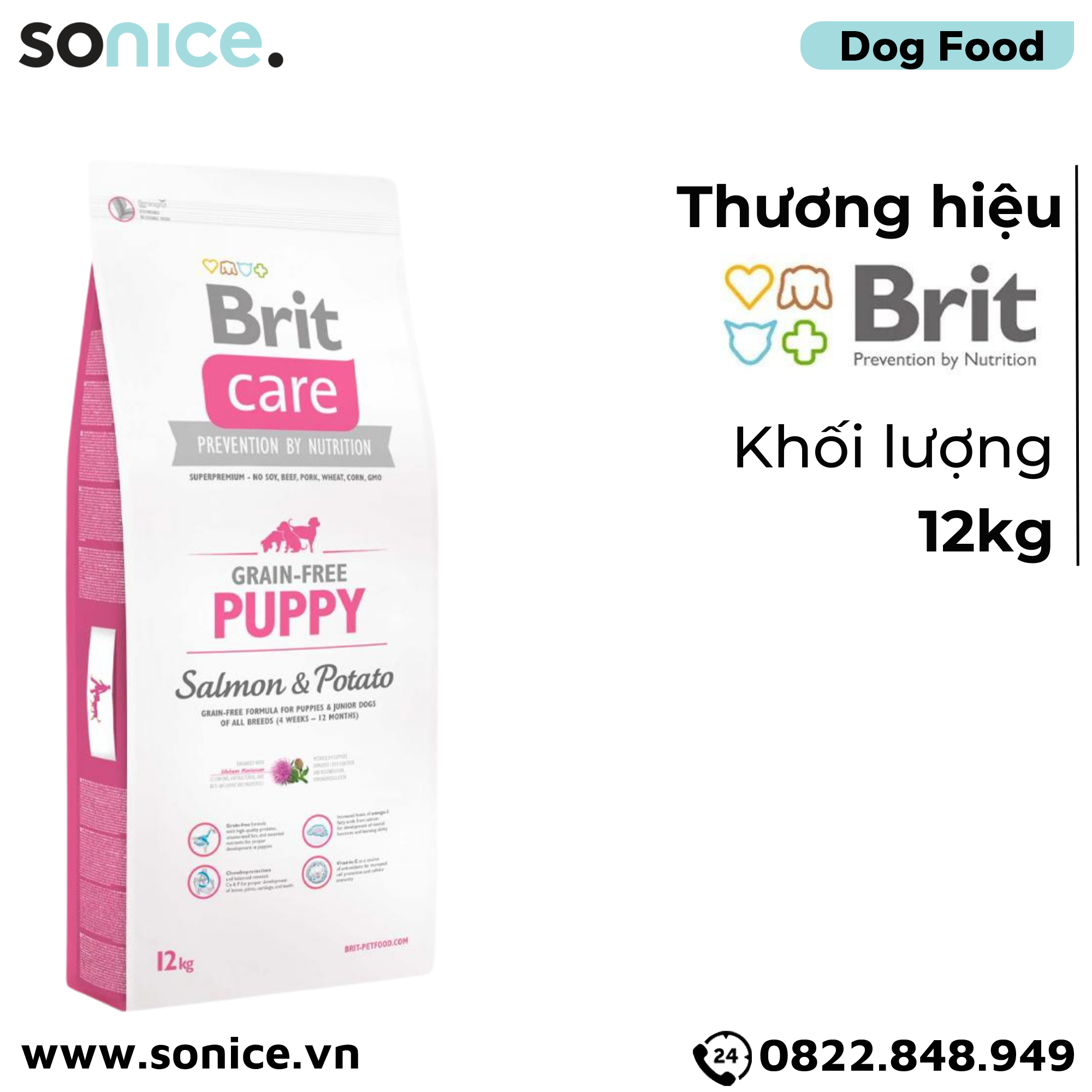  Thức ăn chó Brit Care Prevention by Nutrition Grain-Free Puppy Salmon & Potato 12kg - Dành cho chó con mọi giống chó vị Cá hồi và Khoai tây SONICE. 
