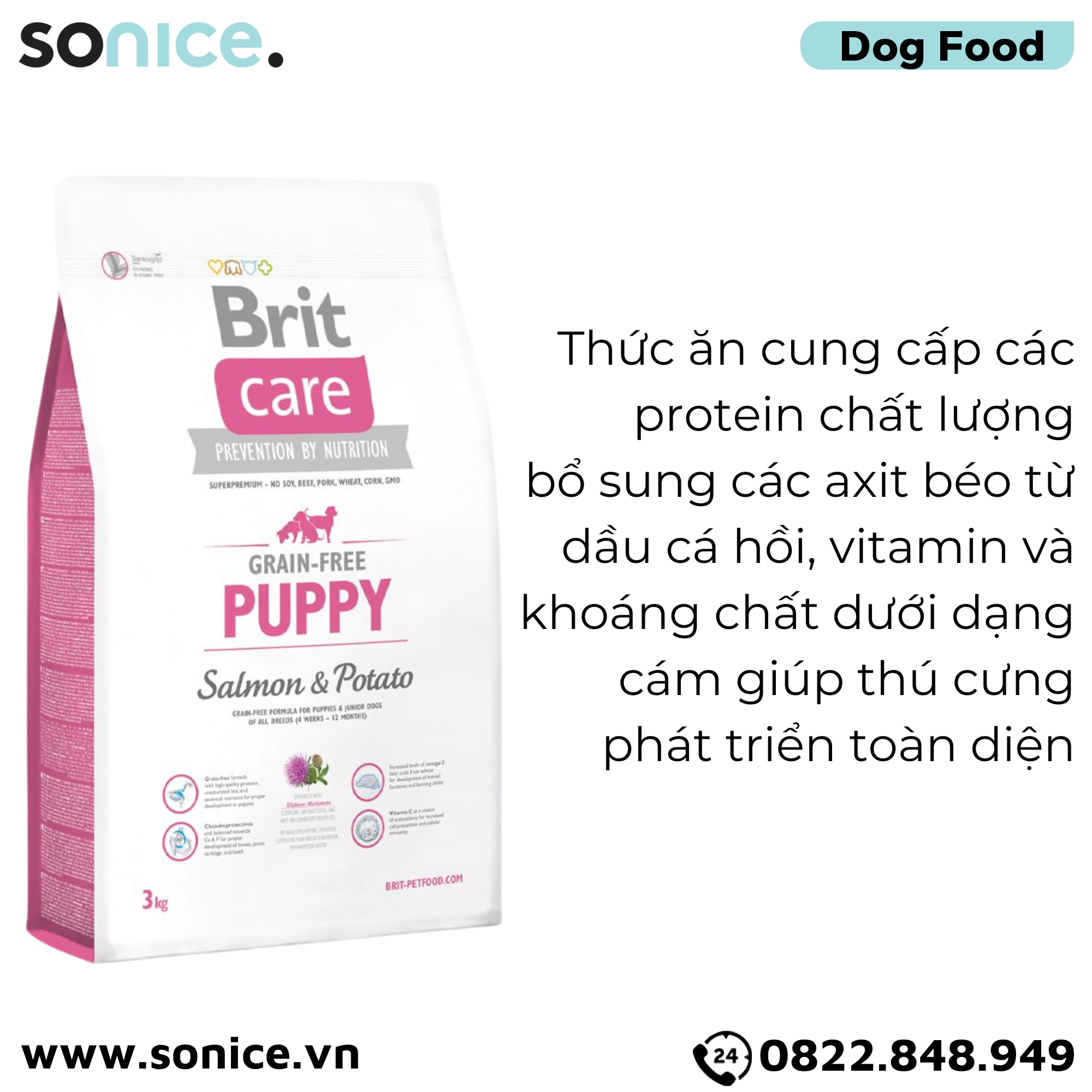  Thức ăn chó Brit Care Prevention by Nutrition Grain-Free Puppy Salmon & Potato 3kg - Dành cho chó con mọi giống chó vị Cá hồi và Khoai tây SONICE.. 