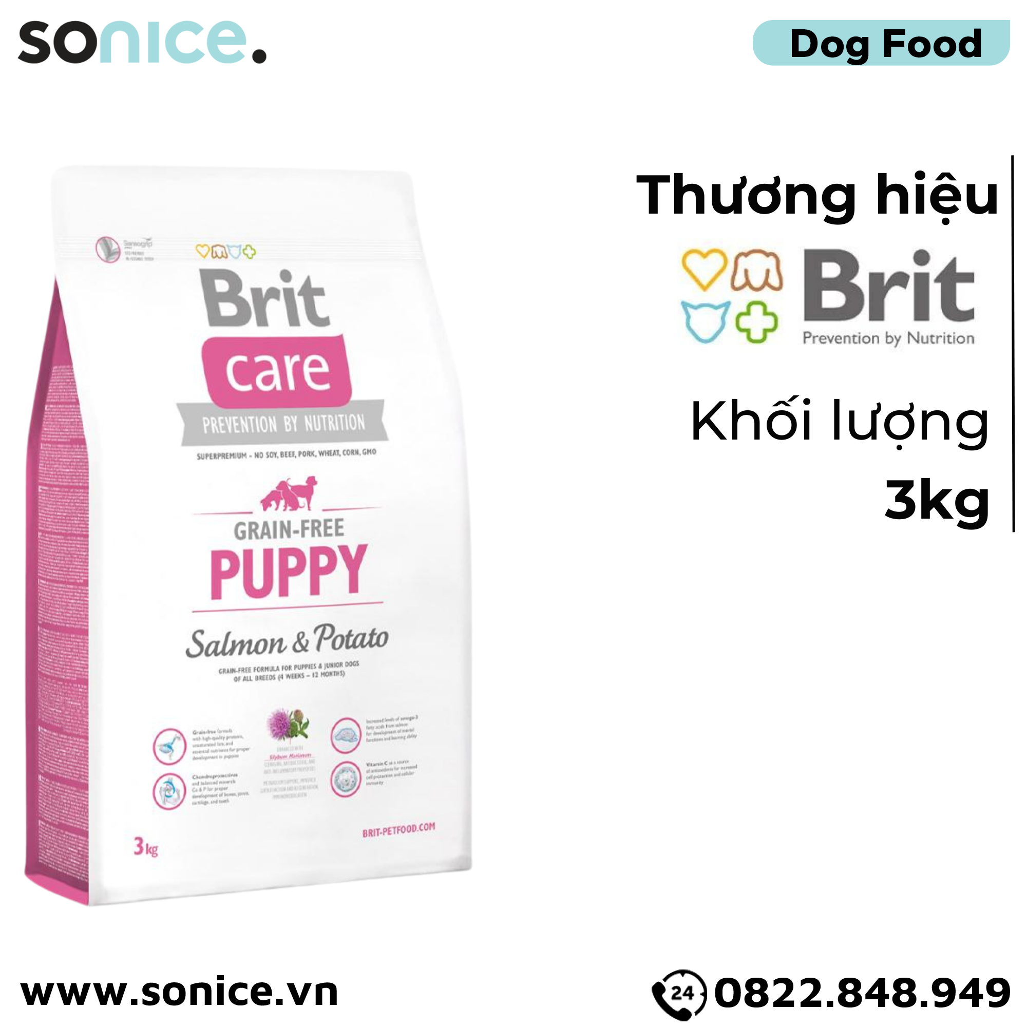  Thức ăn chó Brit Care Prevention by Nutrition Grain-Free Puppy Salmon & Potato 3kg - Dành cho chó con mọi giống chó vị Cá hồi và Khoai tây SONICE.. 