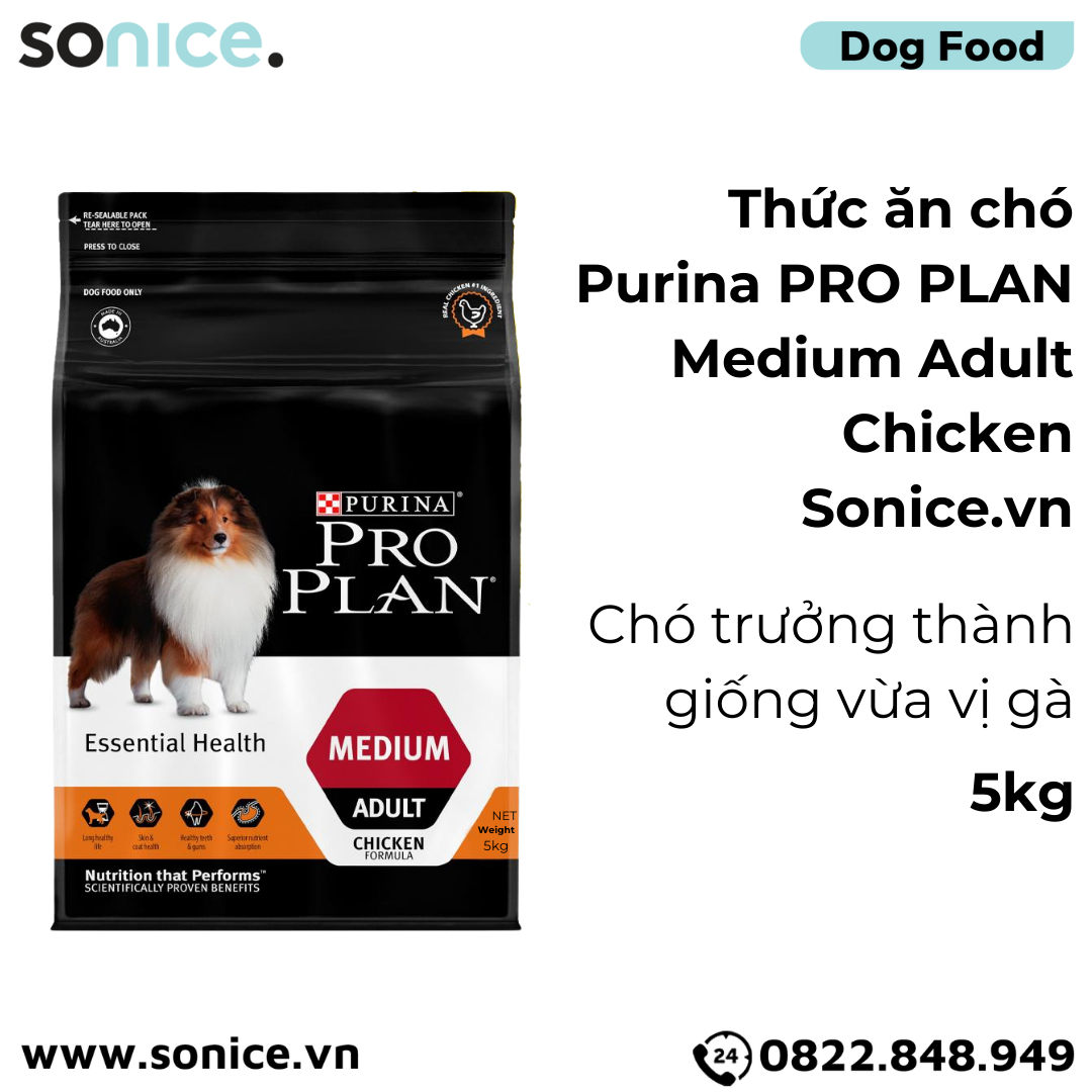  Thức ăn chó Purina PRO PLAN Medium Adult Chicken 5kg - chó trưởng thành giống vừa vị gà SONICE. 