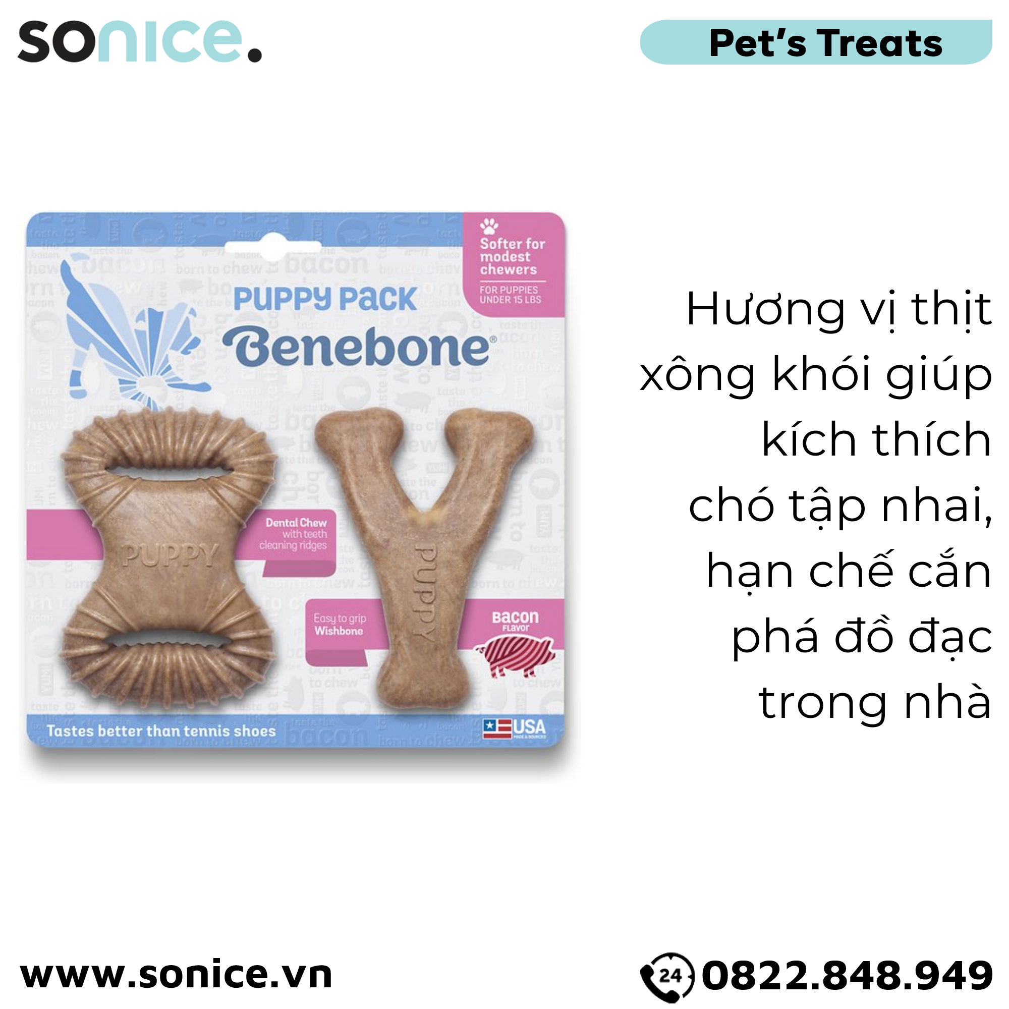  Combo 2 xương gặm Benebone Puppy Bacon & Maple Wood cho chó con vị thịt xông khói & gỗ cây phong SONICE. 