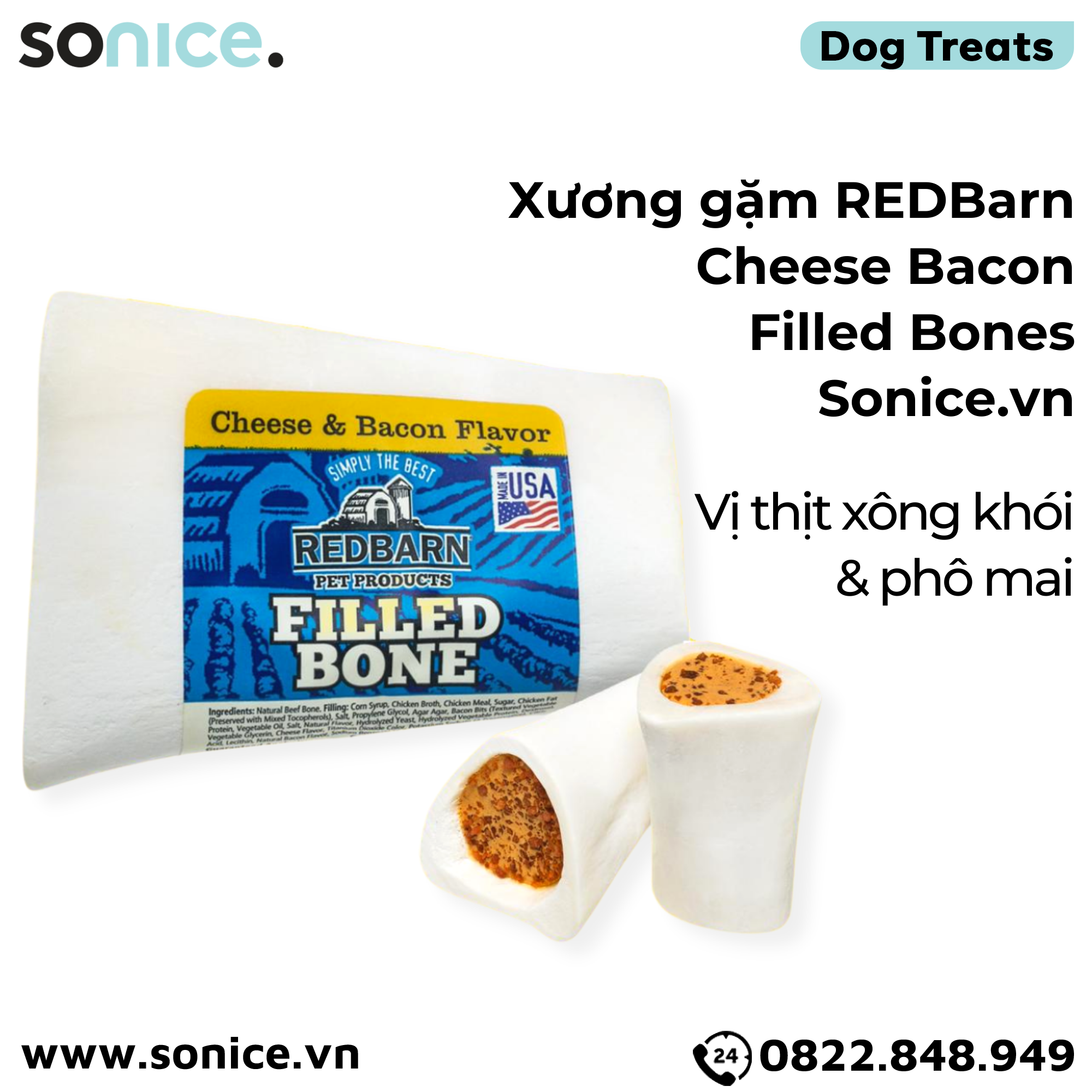  Xương gặm REDBarn Cheese Bacon Filled Bones - vị thịt xông khói & phô mai SONICE. 