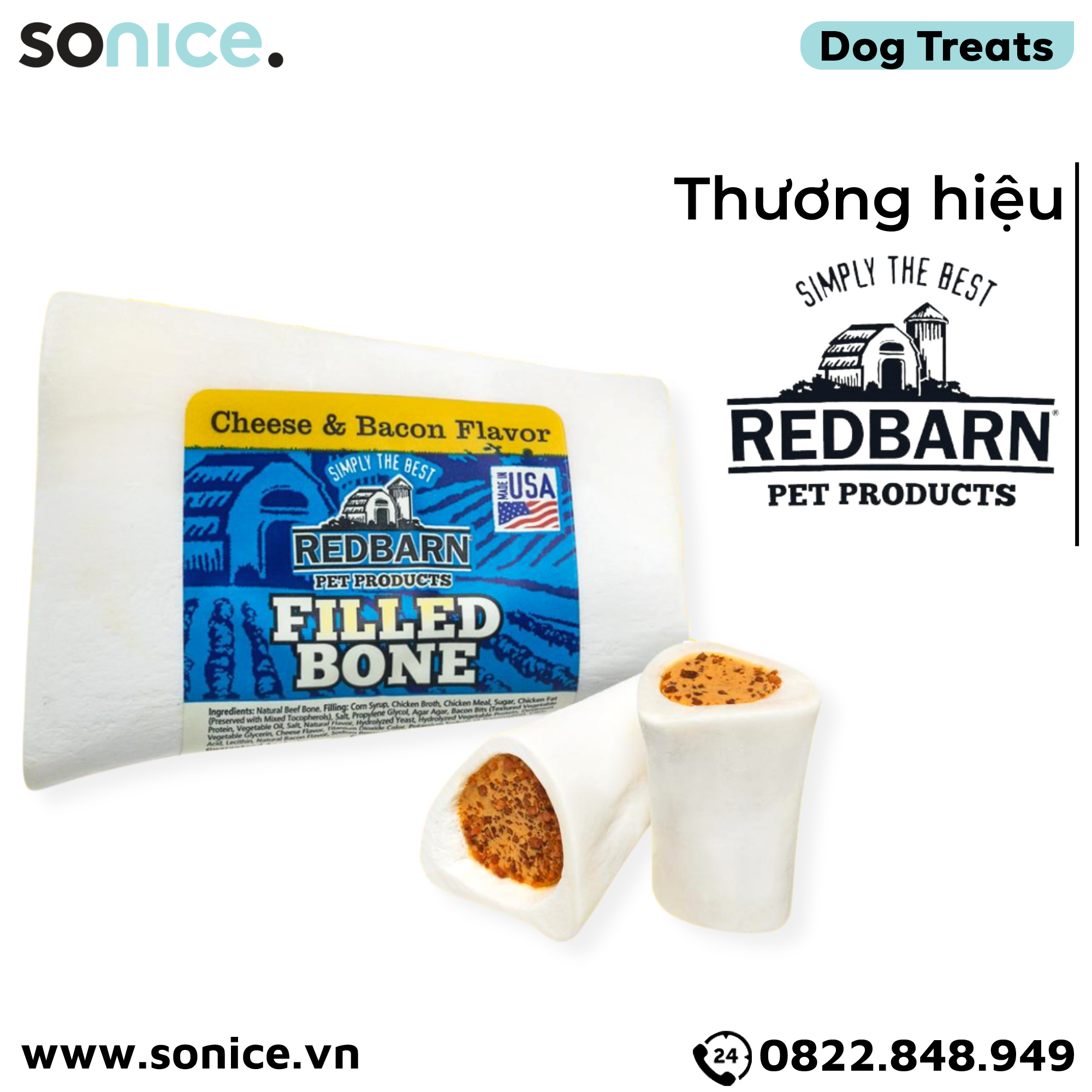  Xương gặm REDBarn Cheese Bacon Filled Bones - vị thịt xông khói & phô mai SONICE. 