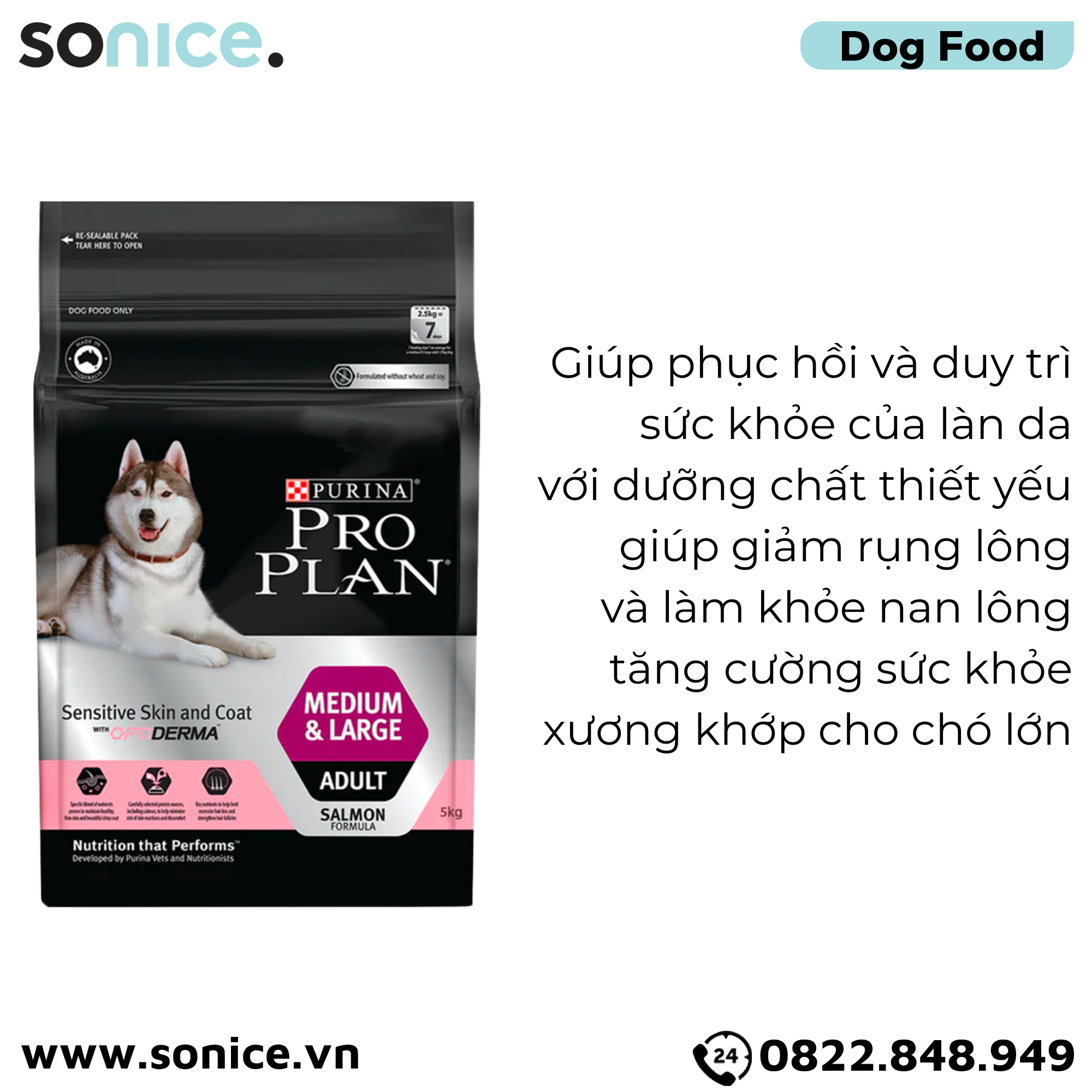  Thức ăn chó Purina PRO PLAN Medium Large Adult Sensitive Skin Coat 5kg - Dành cho da nhạy cảm dễ dị ứng giống chó lớn SONICE. 
