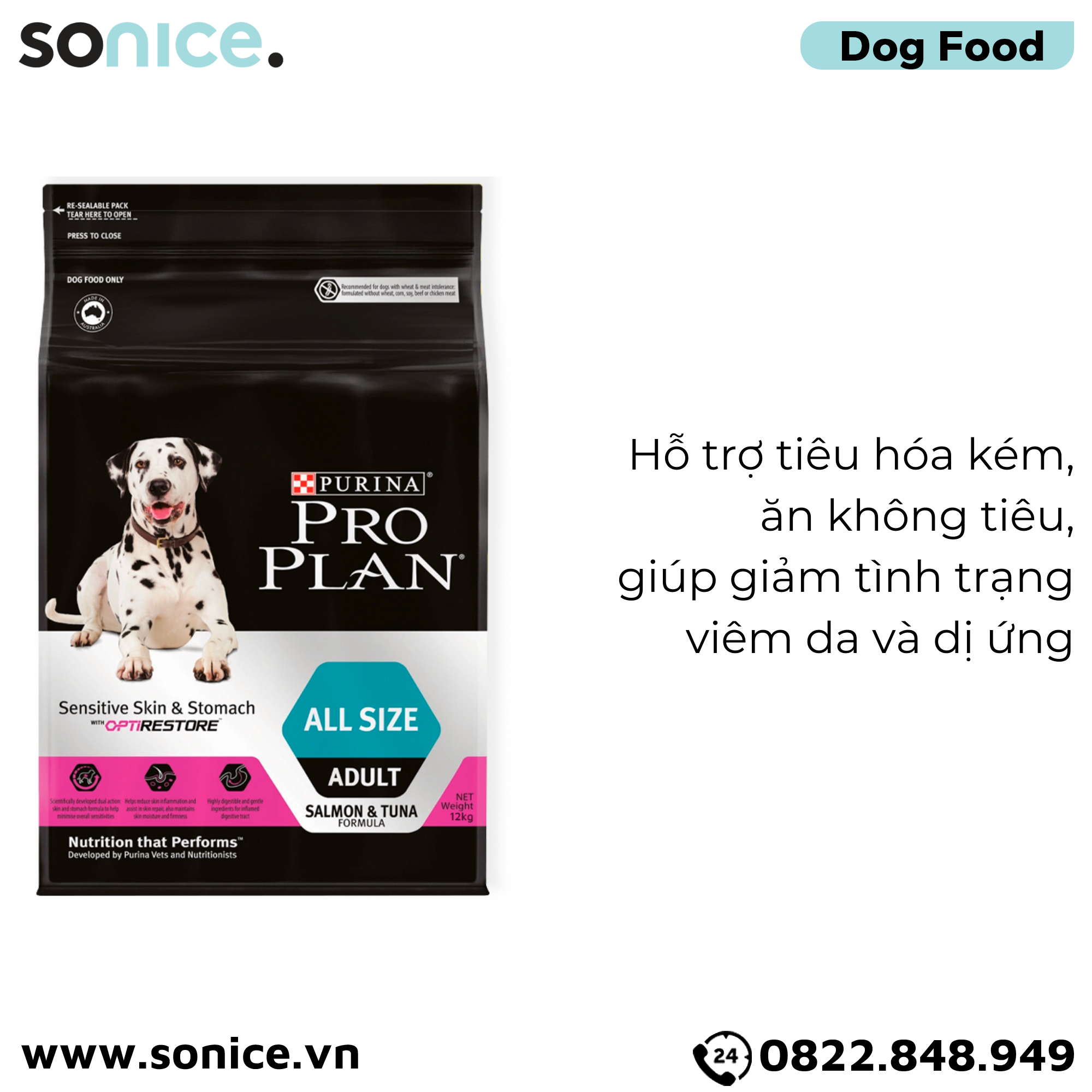  Thức ăn chó Purina PRO PLAN Sensitive Skin & Stomach Salmon, Tuna 12kg - Hỗ trợ tiêu hoá kém, mọi giống chó SONICE. 