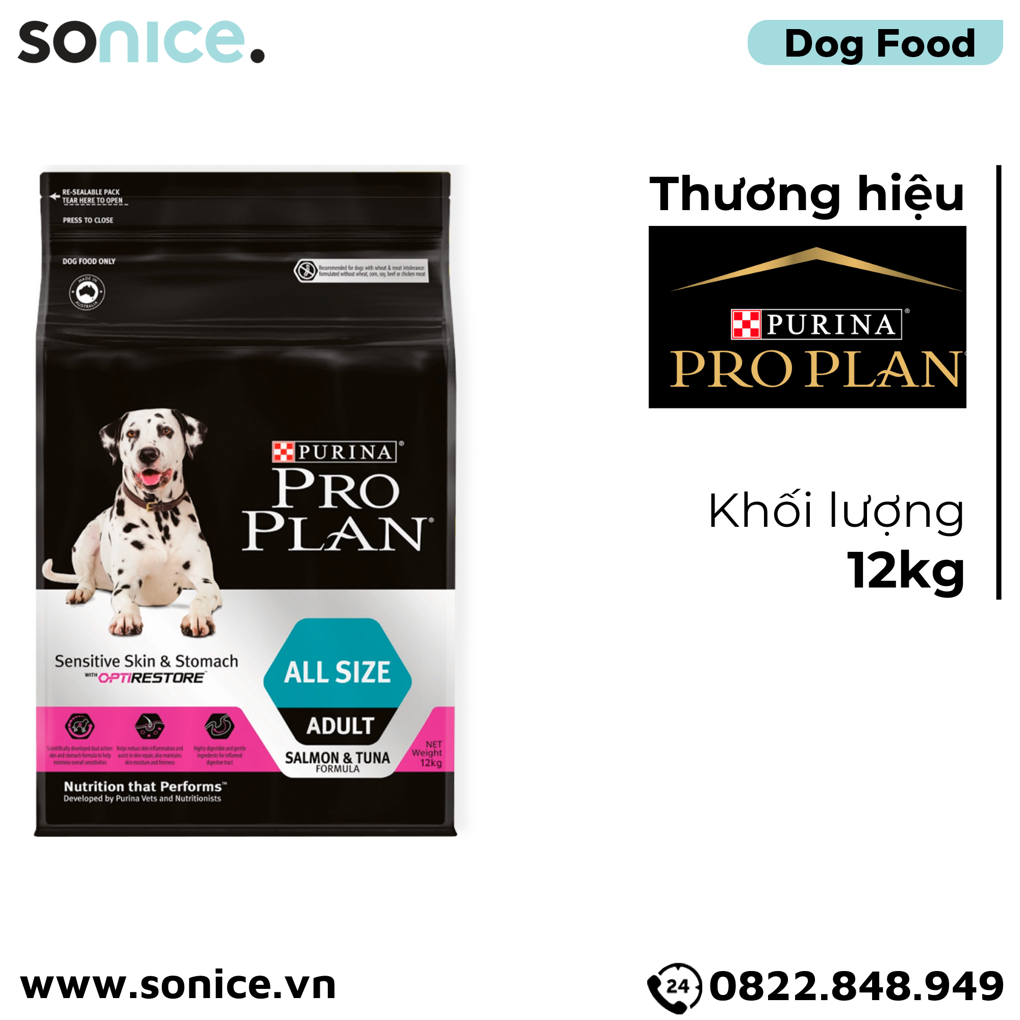  Thức ăn chó Purina PRO PLAN Sensitive Skin & Stomach Salmon, Tuna 12kg - Hỗ trợ tiêu hoá kém, mọi giống chó SONICE. 