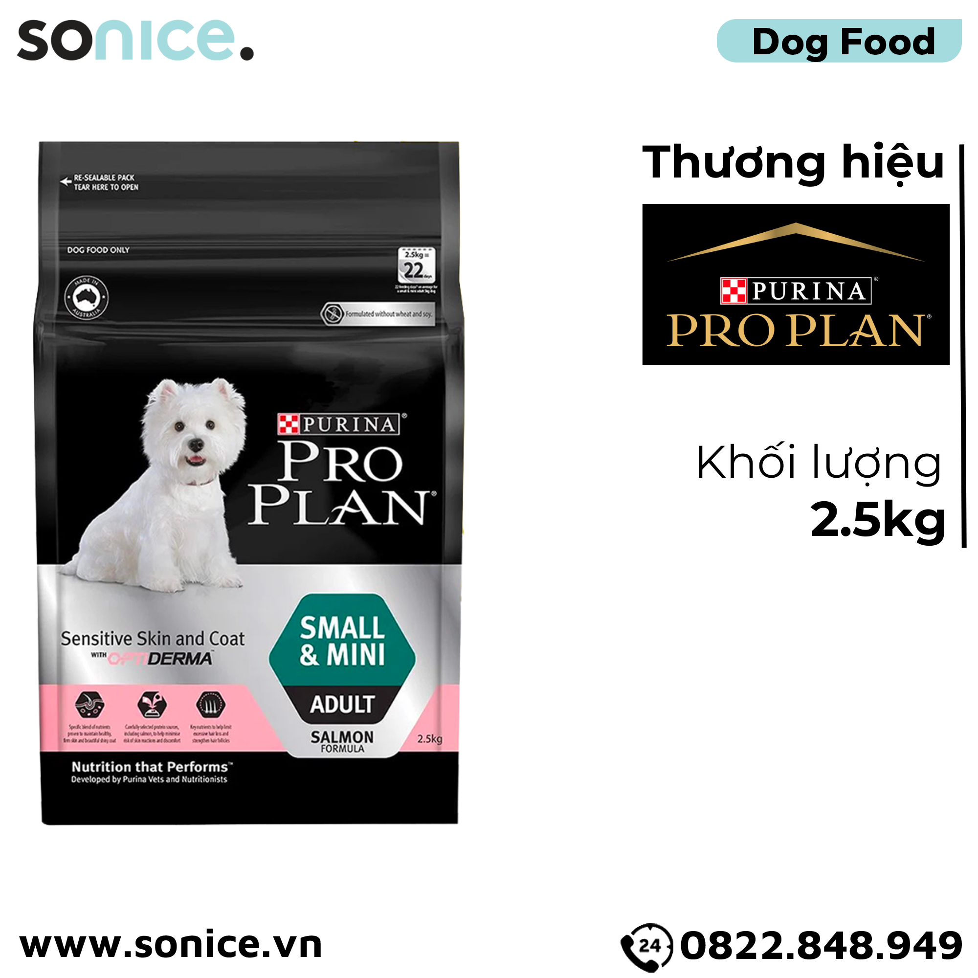  Thức ăn chó Purina PRO PLAN Small Mini Adult Sensitive Skin Coat 2.5kg - Dành cho da nhạy cảm dễ dị ứng giống chó nhỏ SONICE. 