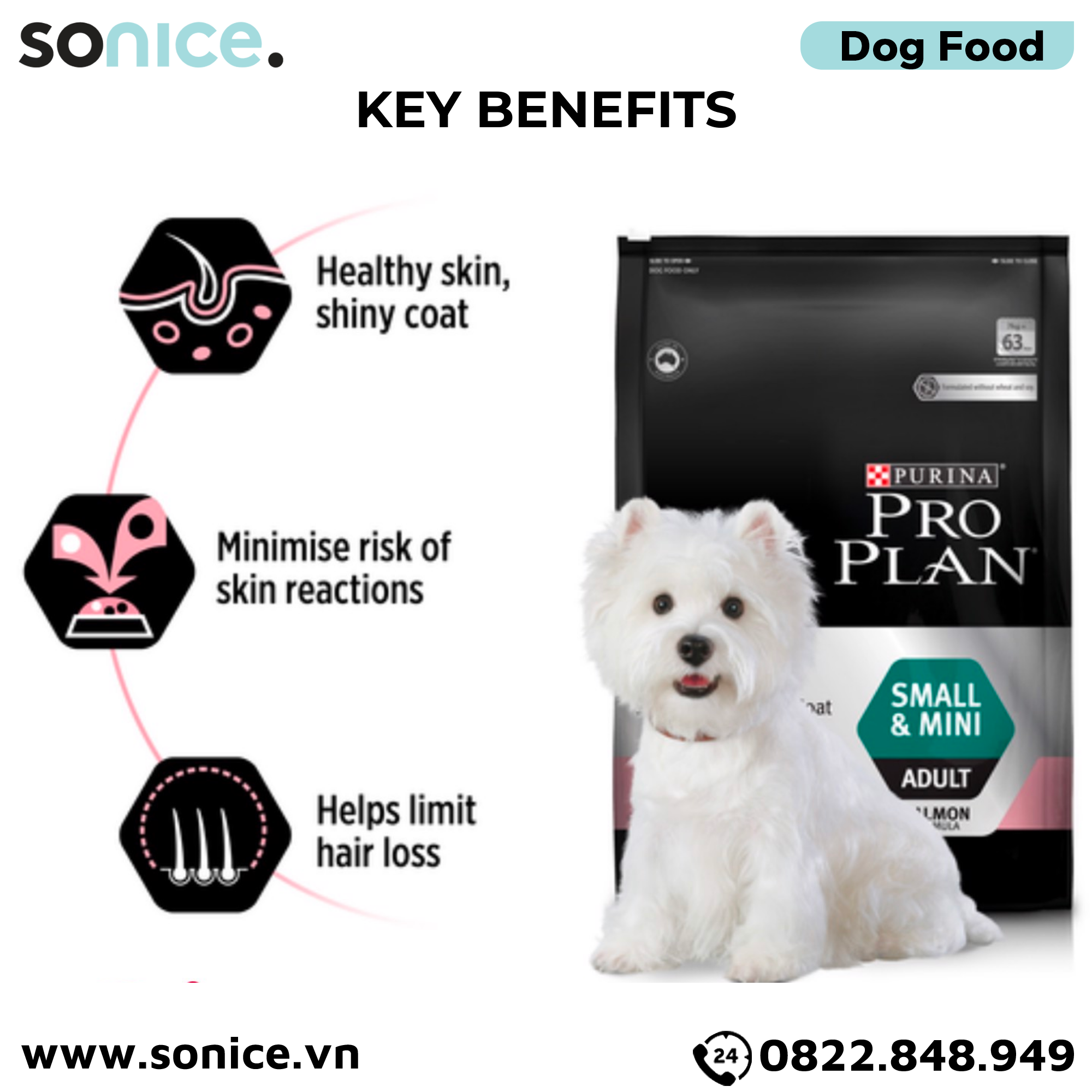  Thức ăn chó Purina PRO PLAN Small Mini Adult Sensitive Skin Coat 2.5kg - Dành cho da nhạy cảm dễ dị ứng giống chó nhỏ SONICE. 
