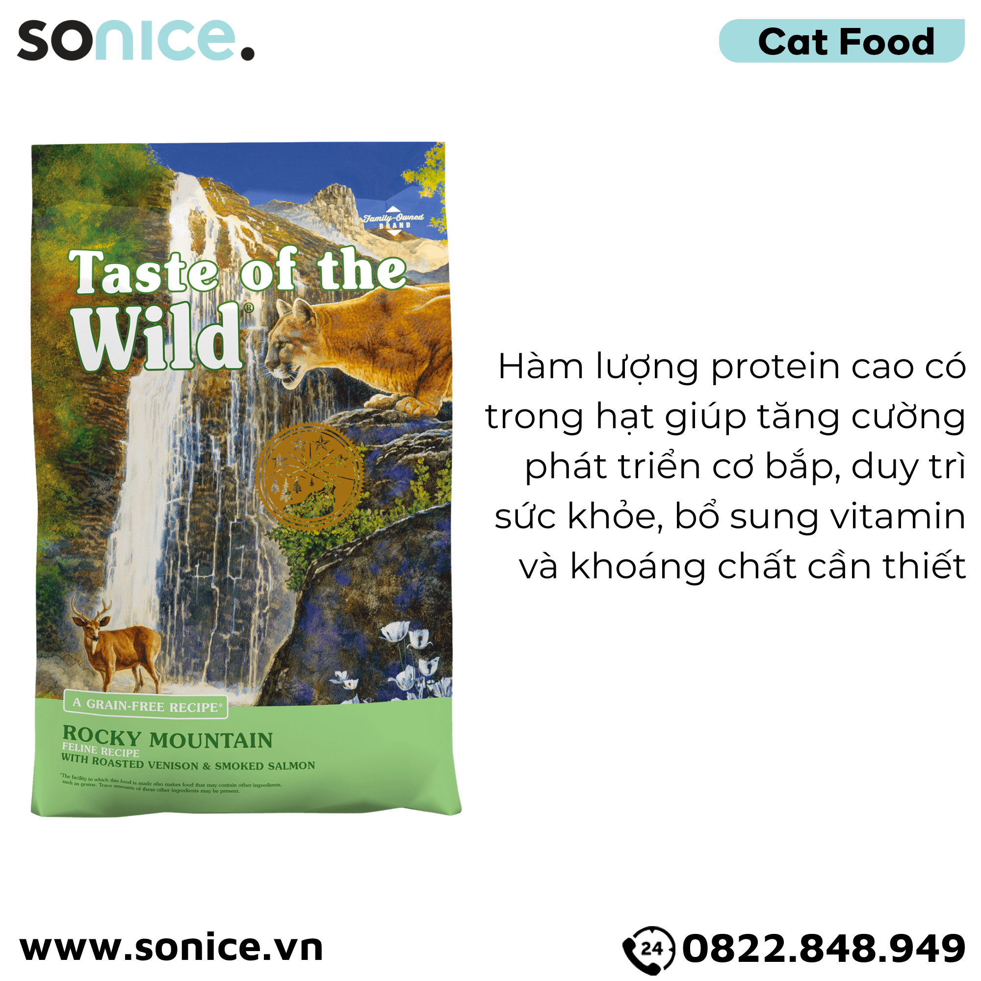  Thức ăn mèo Taste Of The Wild Rocky Mountain 6.6kg - Roasted Venison & Smoked Salmon, Nai Nướng & Cá Hồi Xông Khói - mèo mẹ & mèo con, nhập USA SONICE. 