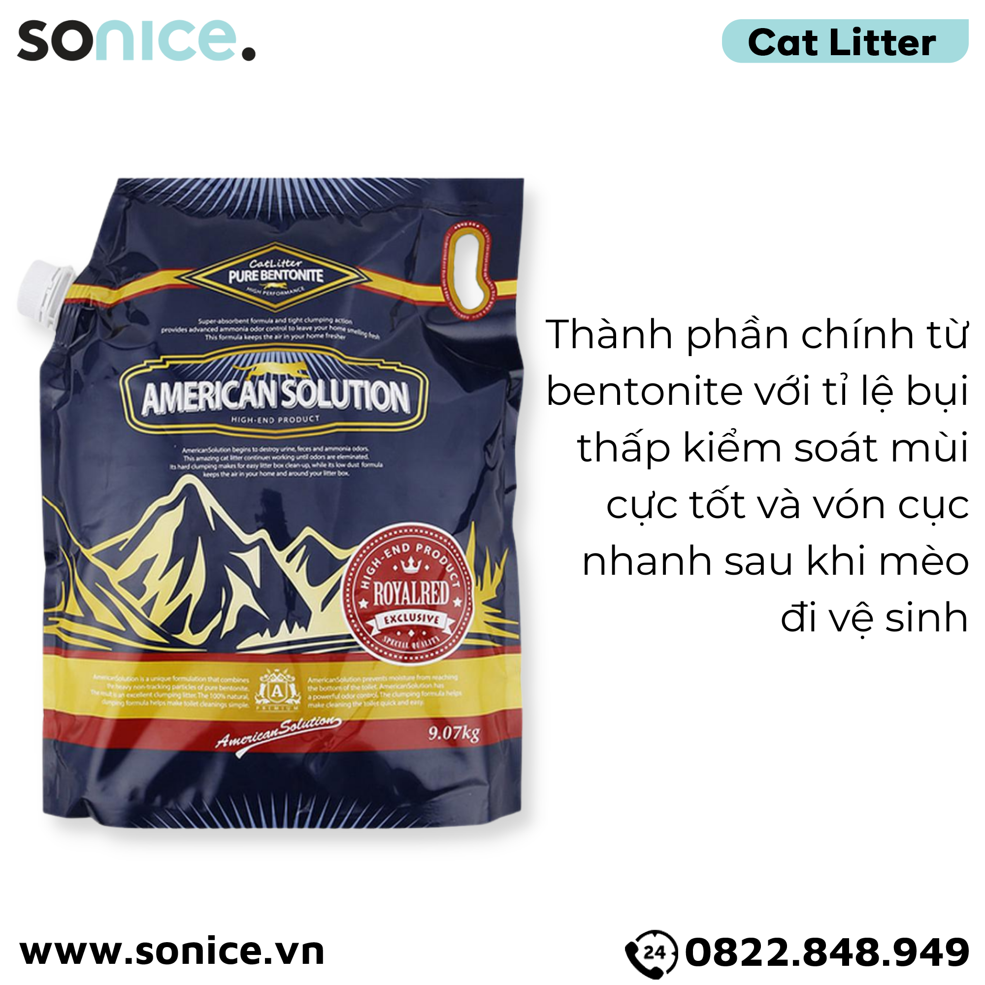  Cát vệ sinh American Solution Royal Red 9kg - khử mùi hiệu quả SONICE. 