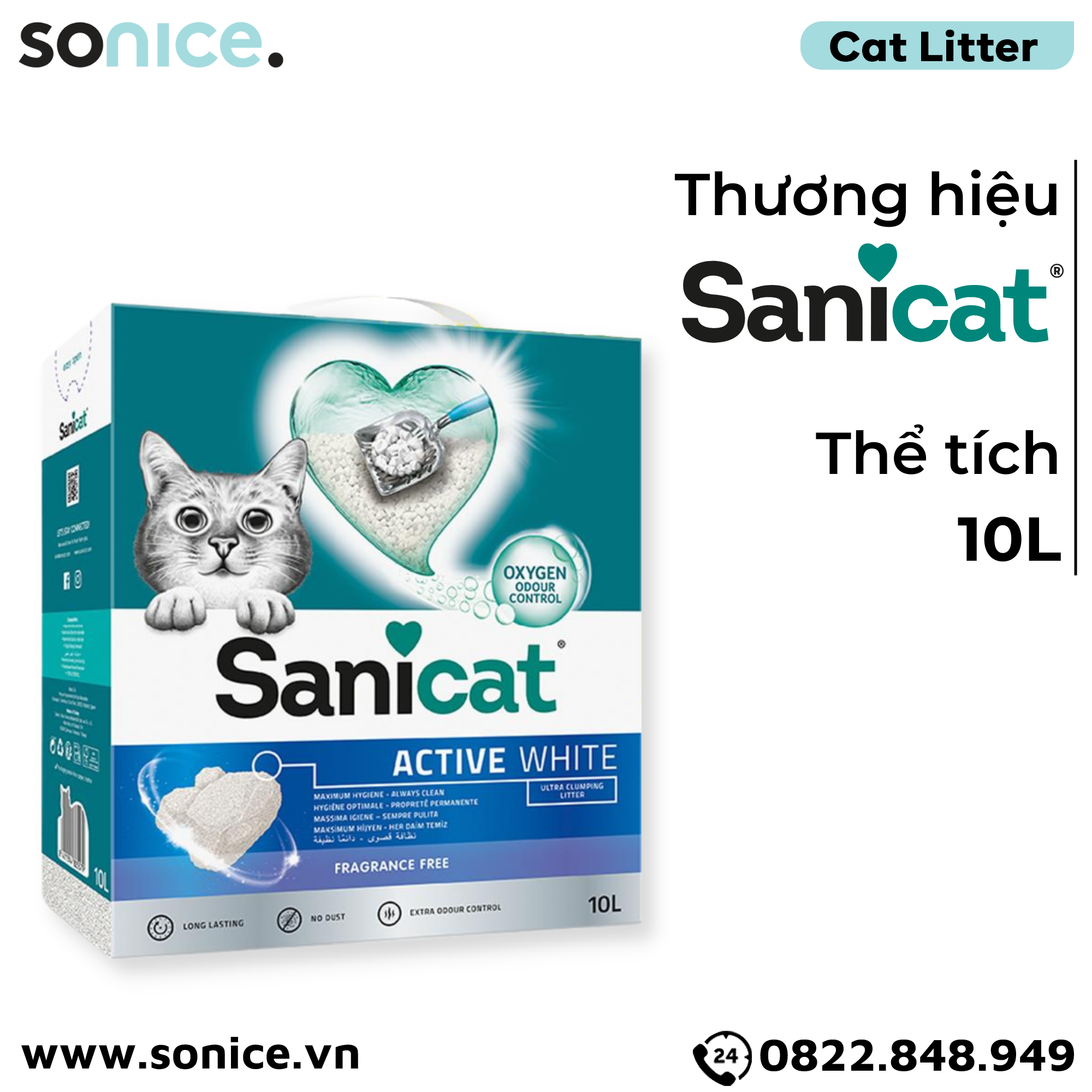  Cát vệ sinh Sanicat Clumping Active White Litter Oxygen Odour Control 10L - Kiểm soát mùi và diệt khuẩn SONICE. 
