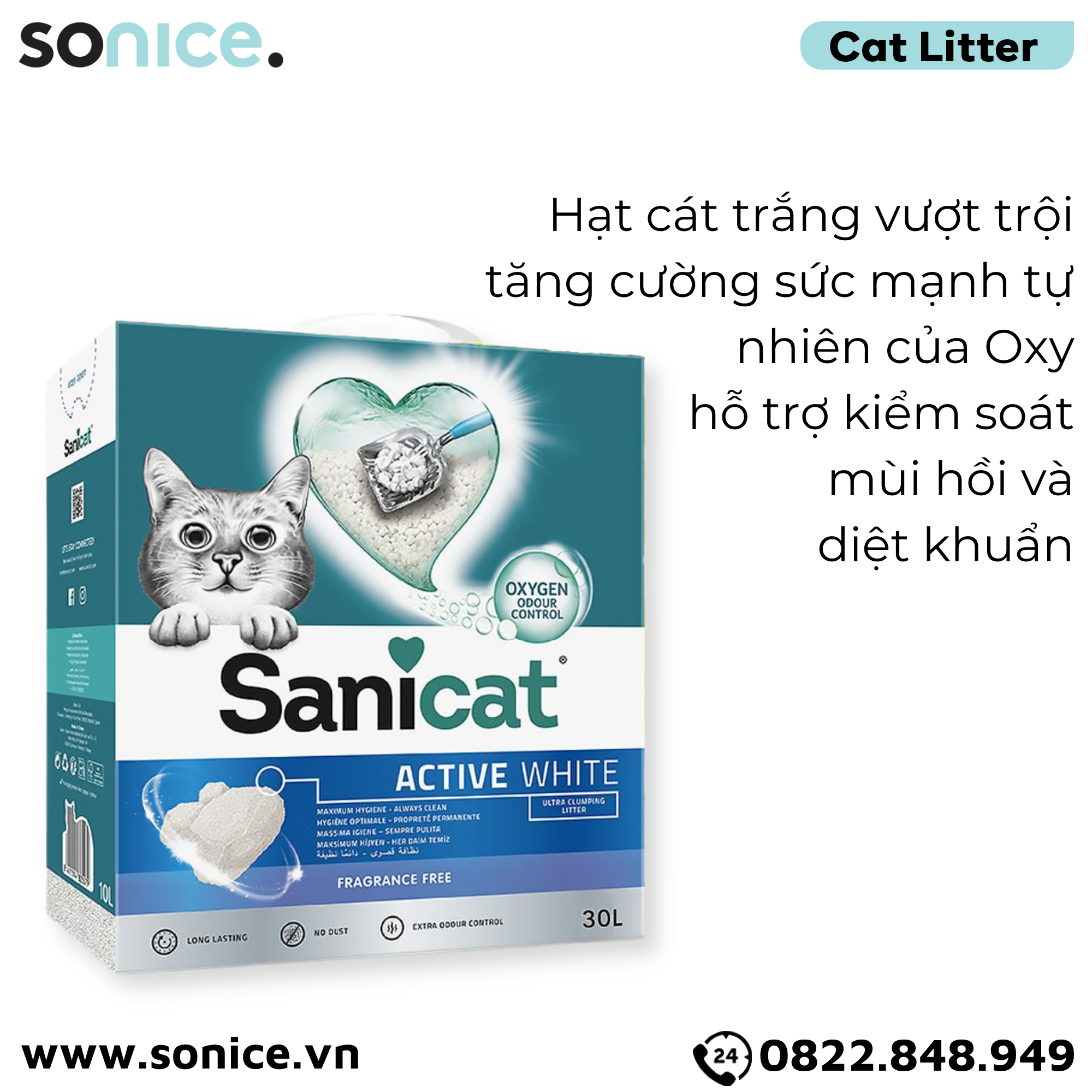  Cát vệ sinh Sanicat Clumping Active White Litter Oxygen Odour Control 30L - Kiểm soát mùi và diệt khuẩn SONICE. 