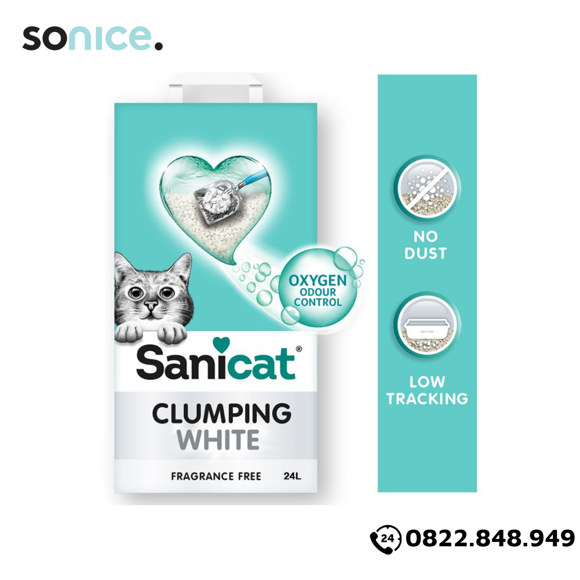  Cát vệ sinh Sanicat Clumping White Litter Oxygen Odour Control 24L - Vón cục và diệt khuẩn SONICE. 
