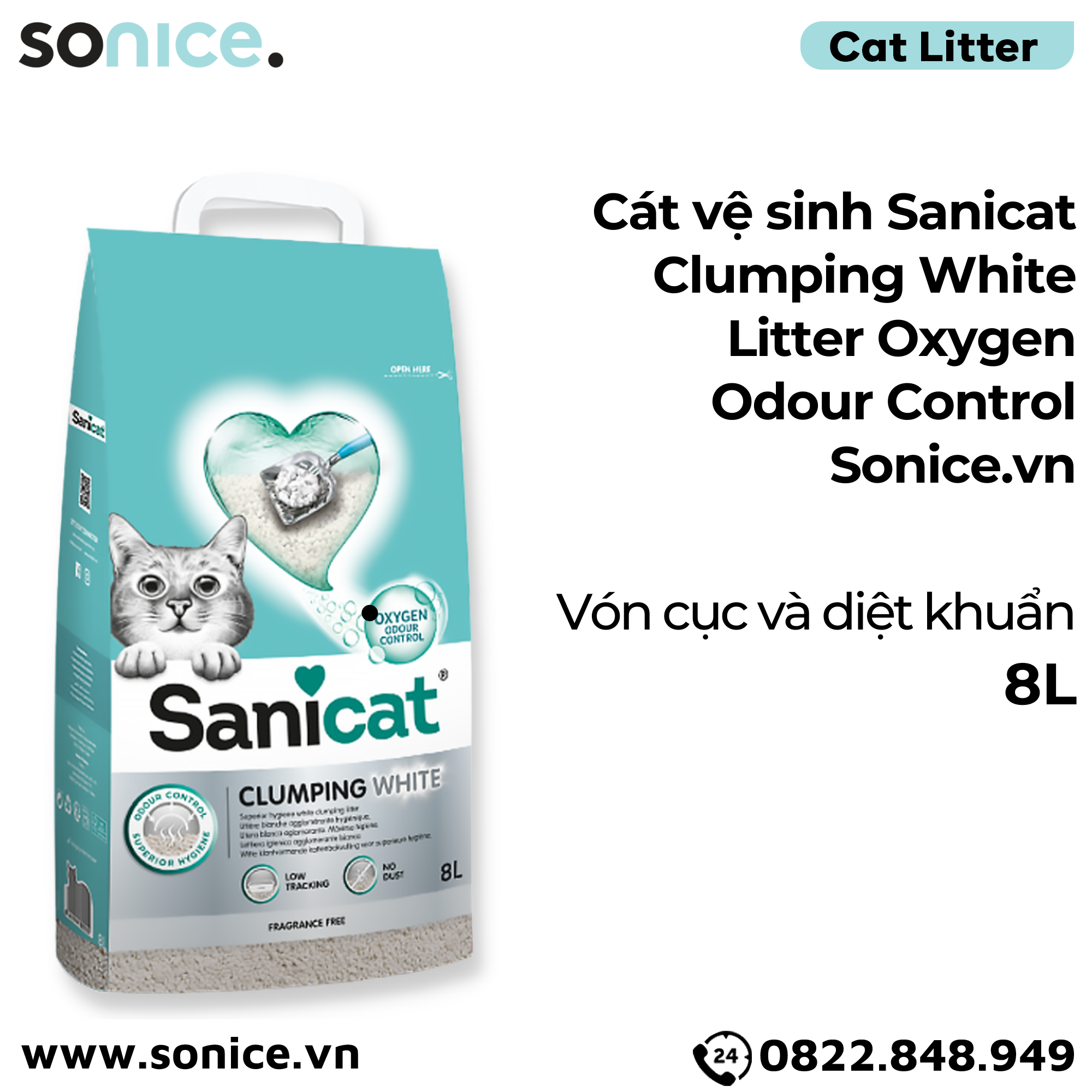  Cát vệ sinh Sanicat Clumping White Litter Oxygen Odour Control 8L - Vón cục và diệt khuẩn SONICE. 