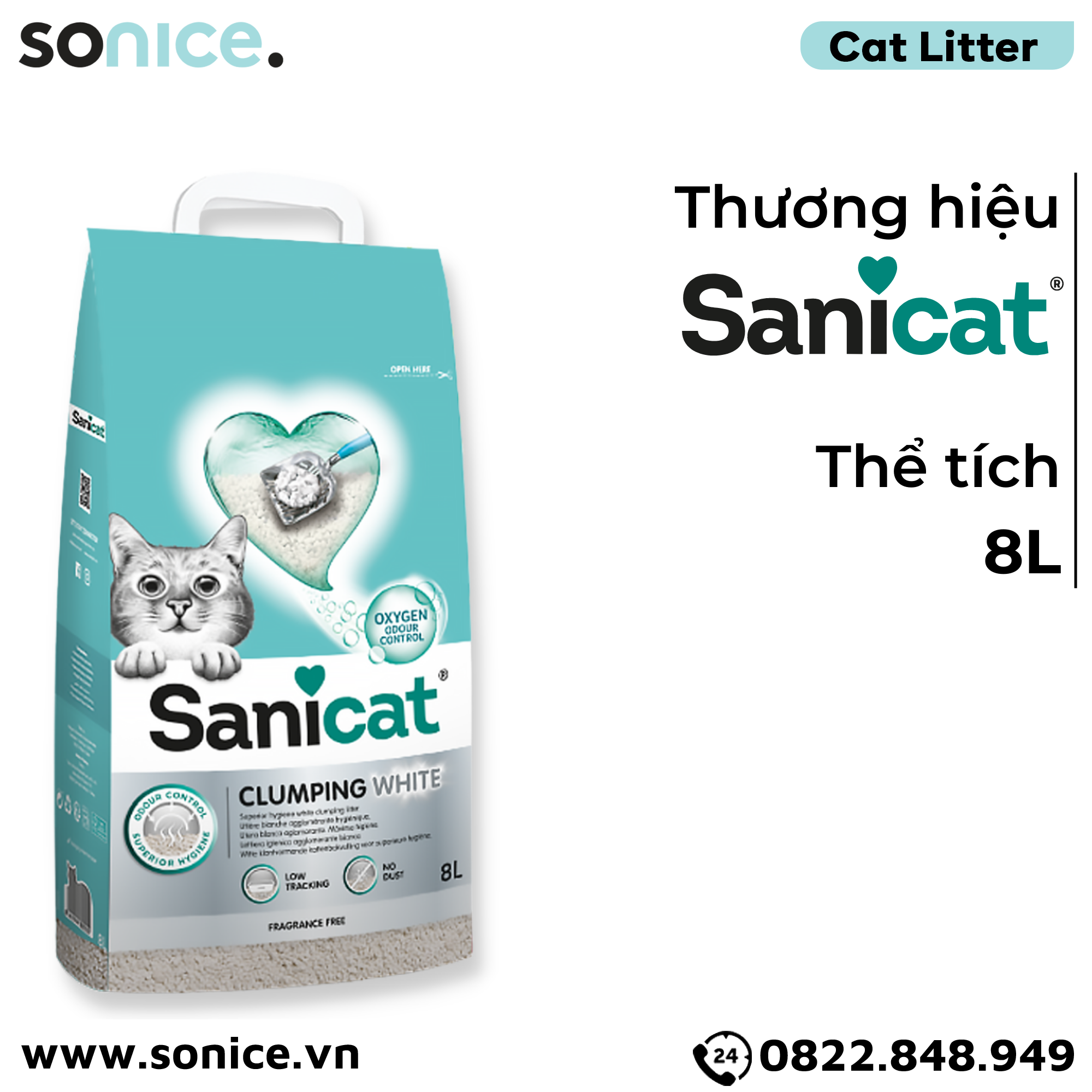  Cát vệ sinh Sanicat Clumping White Litter Oxygen Odour Control 8L - Vón cục và diệt khuẩn SONICE. 