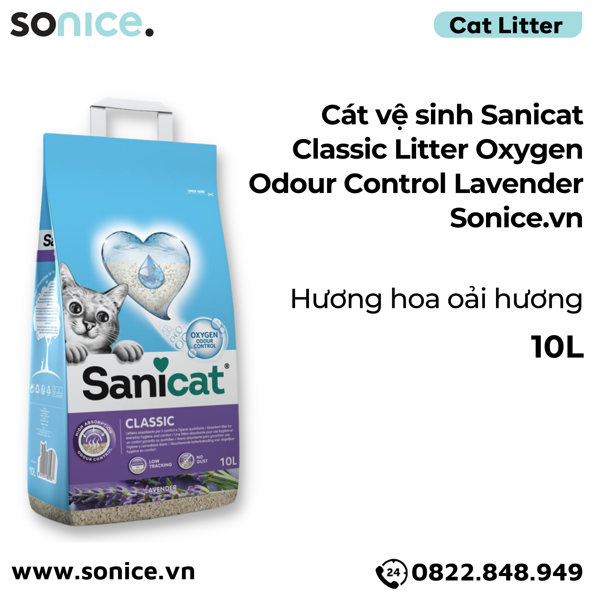  Cát vệ sinh Sanicat Classic Litter Oxygen Odour Control Lavender 10L - Hương Oải hương SONICE. 