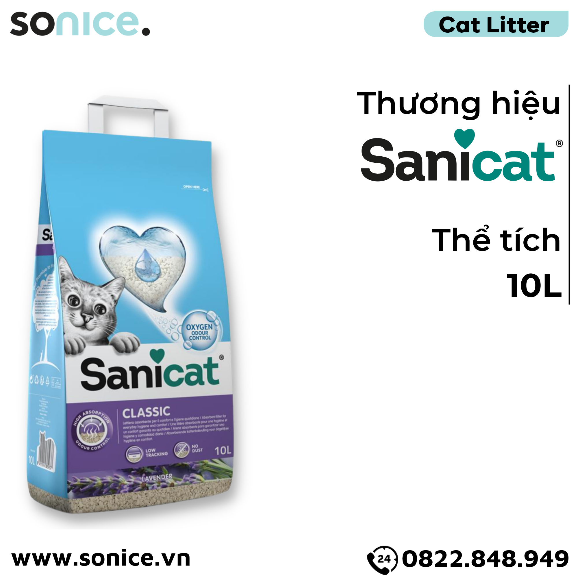  Cát vệ sinh Sanicat Classic Litter Oxygen Odour Control Lavender 10L - Hương Oải hương SONICE. 