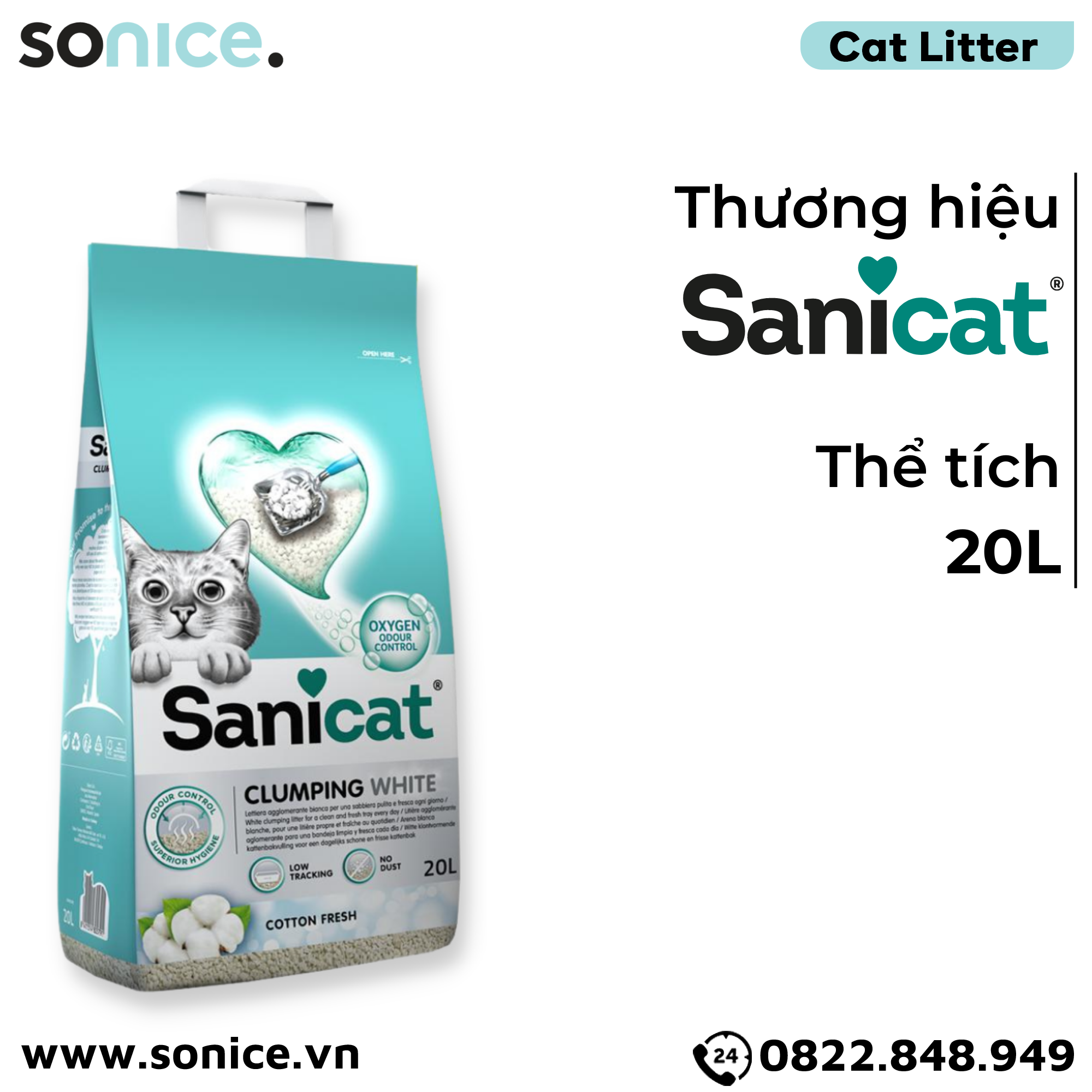  Cát vệ sinh Sanicat Clumping White Litter Oxygen Odour Control Cotton Fresh 20L - Hương bông vải SONICE. 