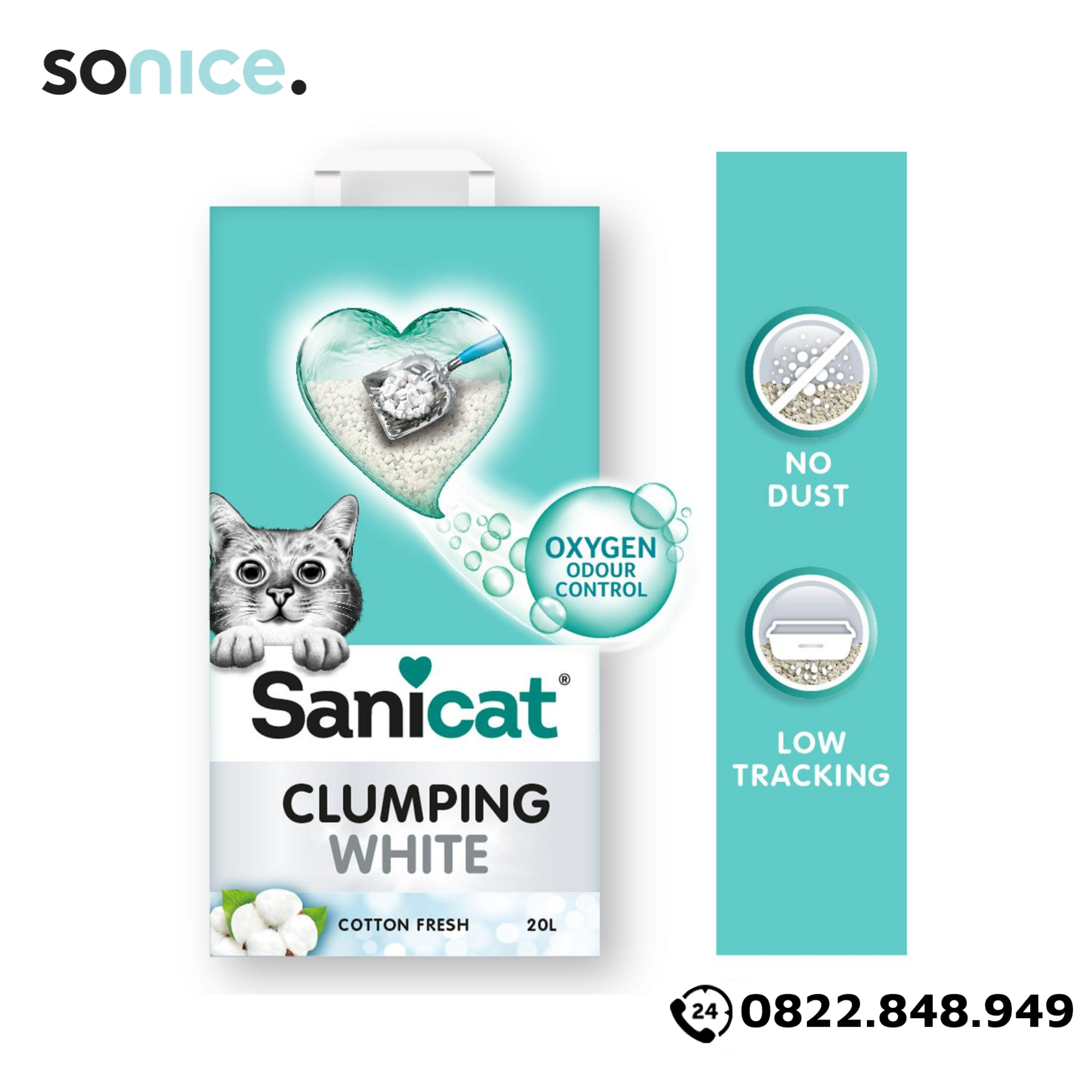  Cát vệ sinh Sanicat Clumping White Litter Oxygen Odour Control Cotton Fresh 20L - Hương bông vải SONICE. 