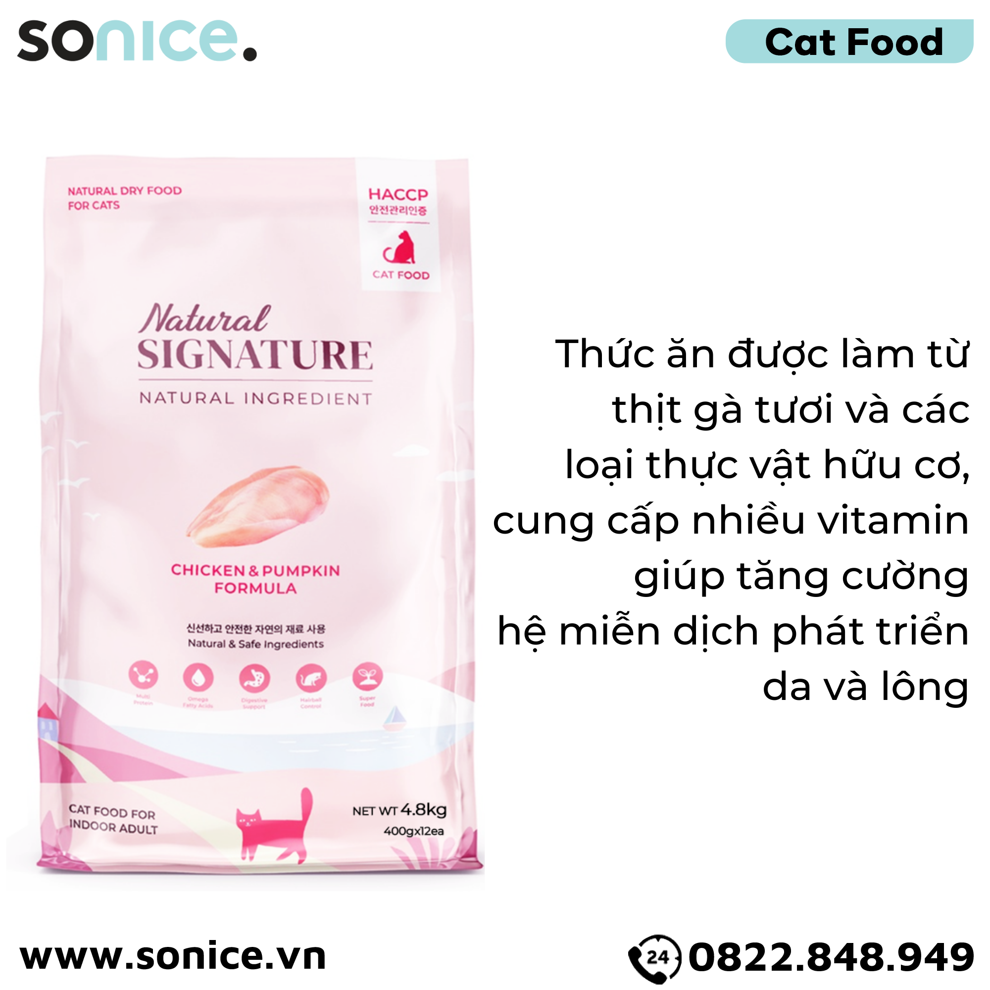  Thức ăn mèo Natural SIGNATURE Adult Chicken & Pumpkin Formula 4.8kg - Thịt gà và bí đỏ SONICE. 