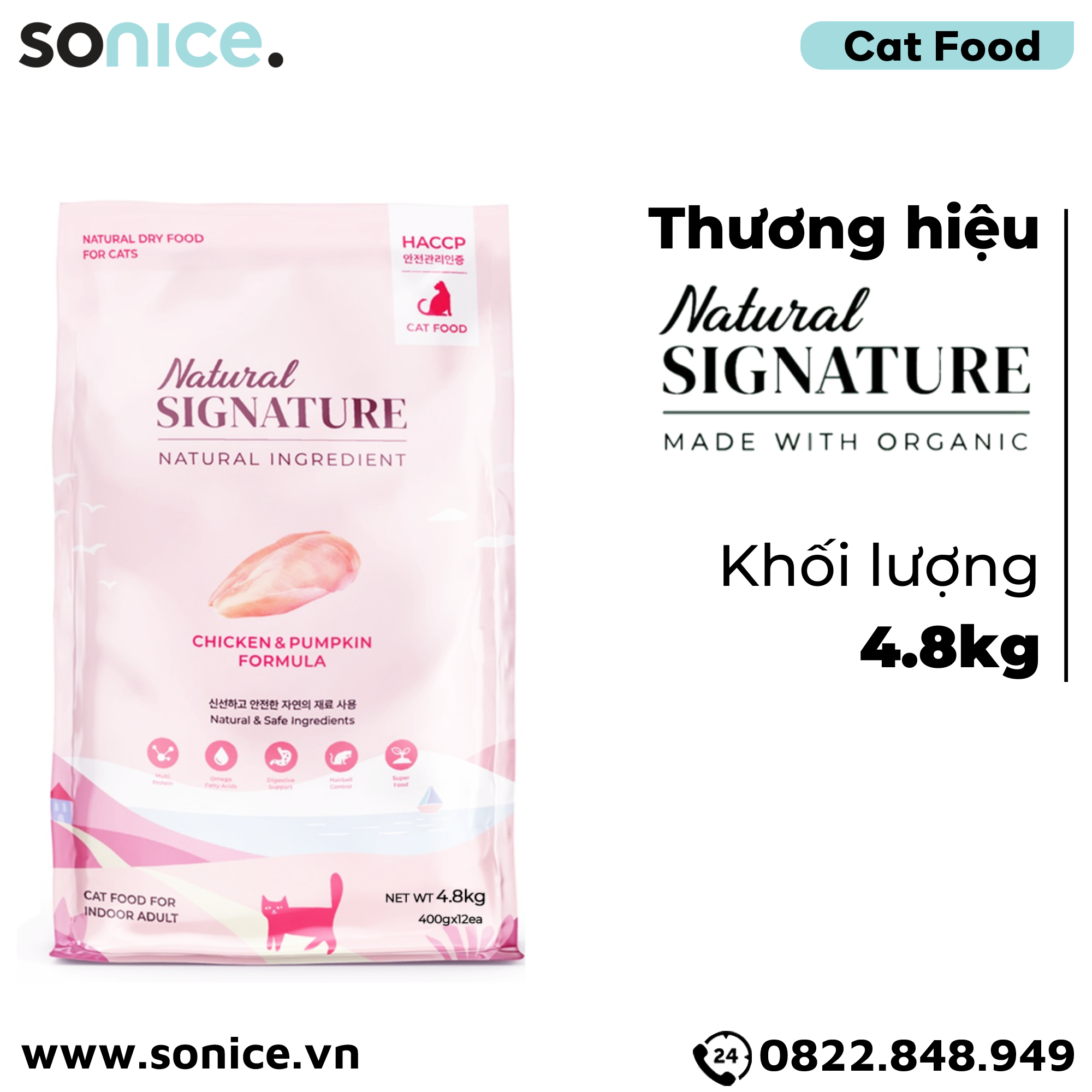  Thức ăn mèo Natural SIGNATURE Adult Chicken & Pumpkin Formula 4.8kg - Thịt gà và bí đỏ SONICE. 