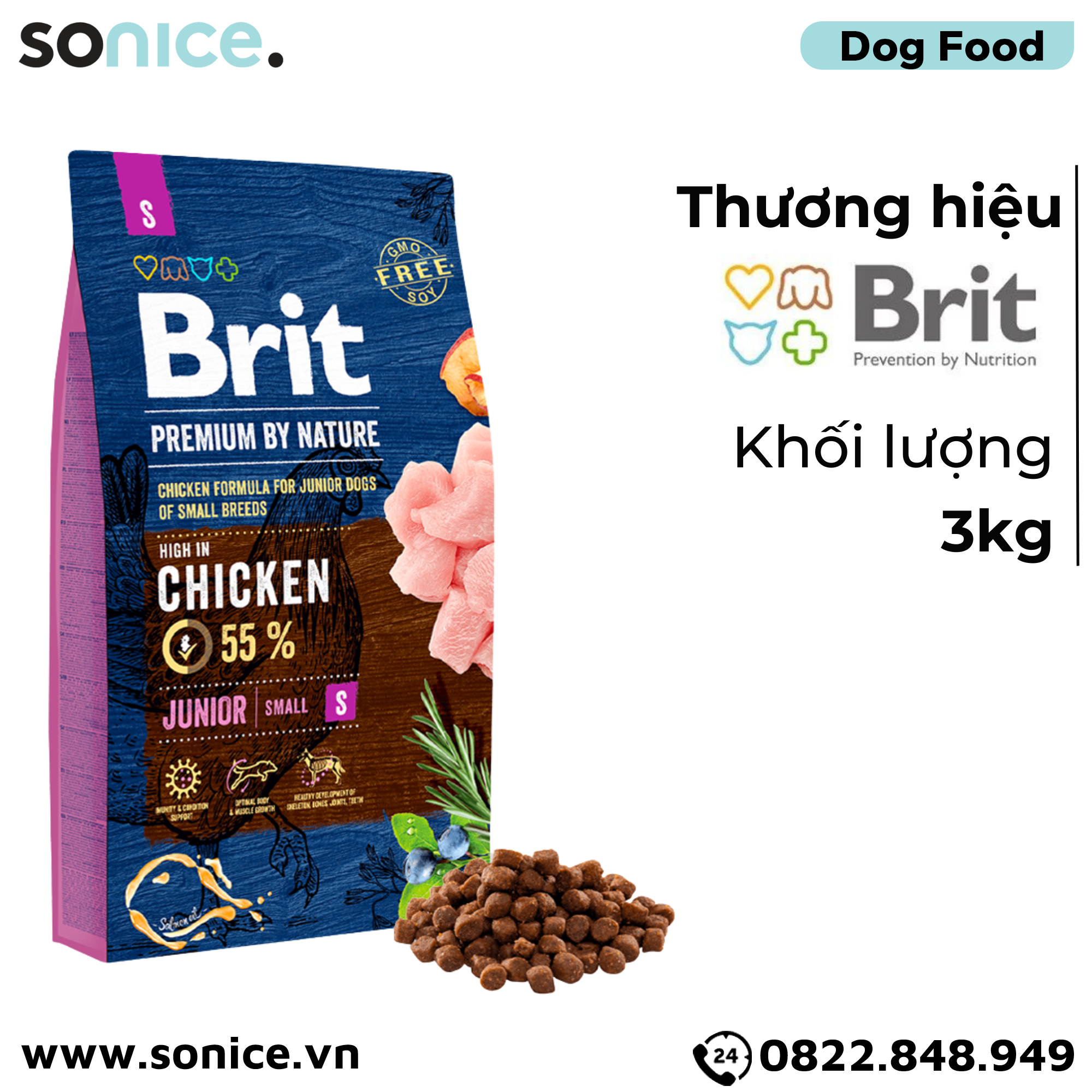  Thức ăn chó Brit Premium by Nature Small Puppy Chicken 3kg - Dành cho chó con giống nhỏ vị Gà SONICE. 