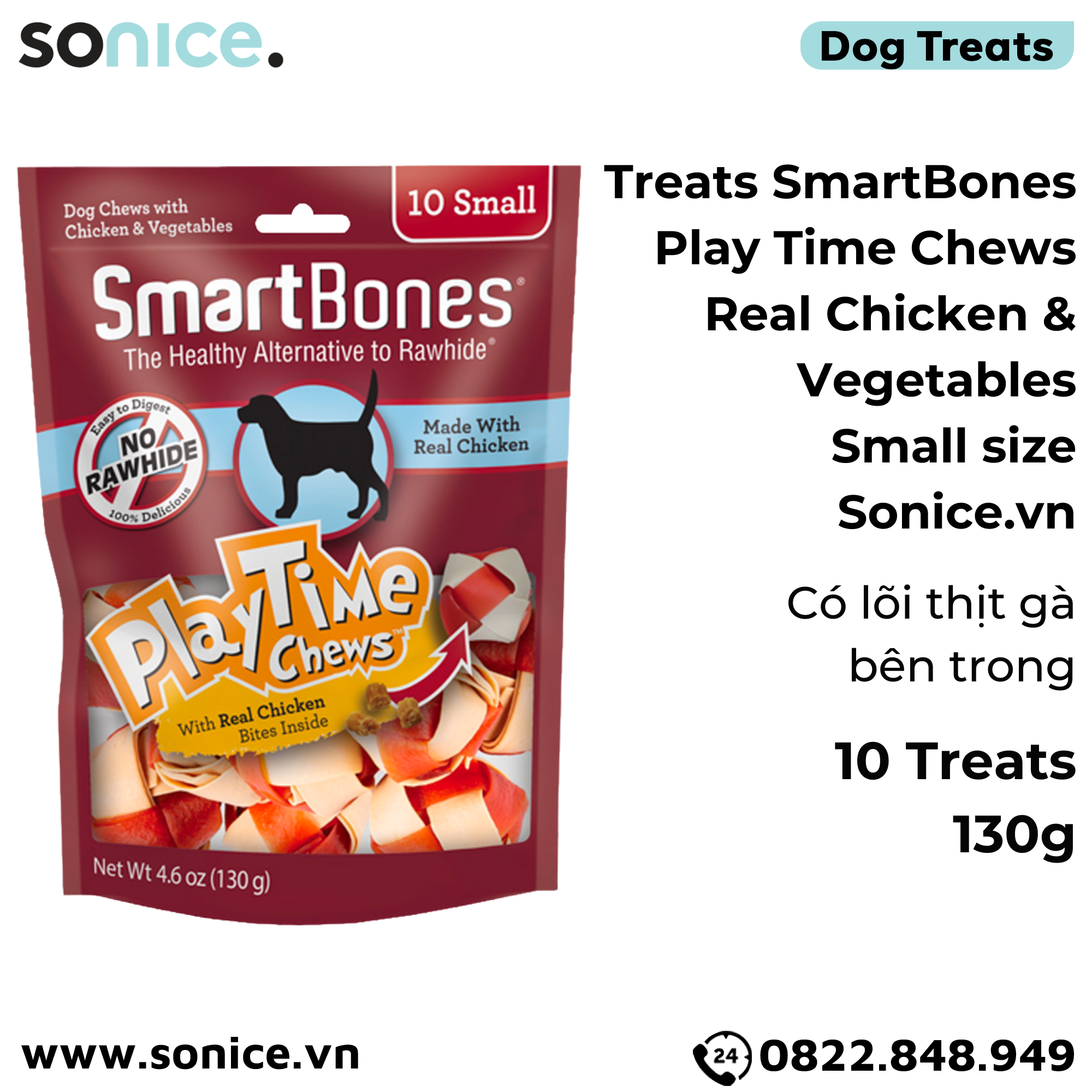  Treats SmartBones Play Time Chews Real Chicken & Vegetables Small size 130g - 10 treats - Có lõi thịt gà bên trong SONICE. 