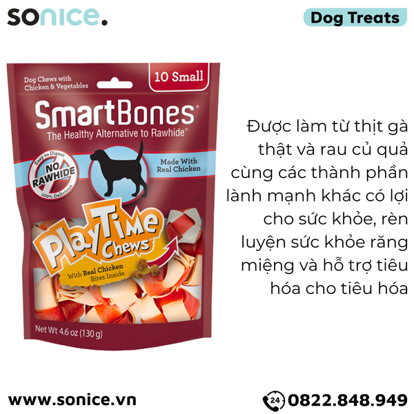  Treats SmartBones Play Time Chews Real Chicken & Vegetables Small size 130g - 10 treats - Có lõi thịt gà bên trong SONICE. 