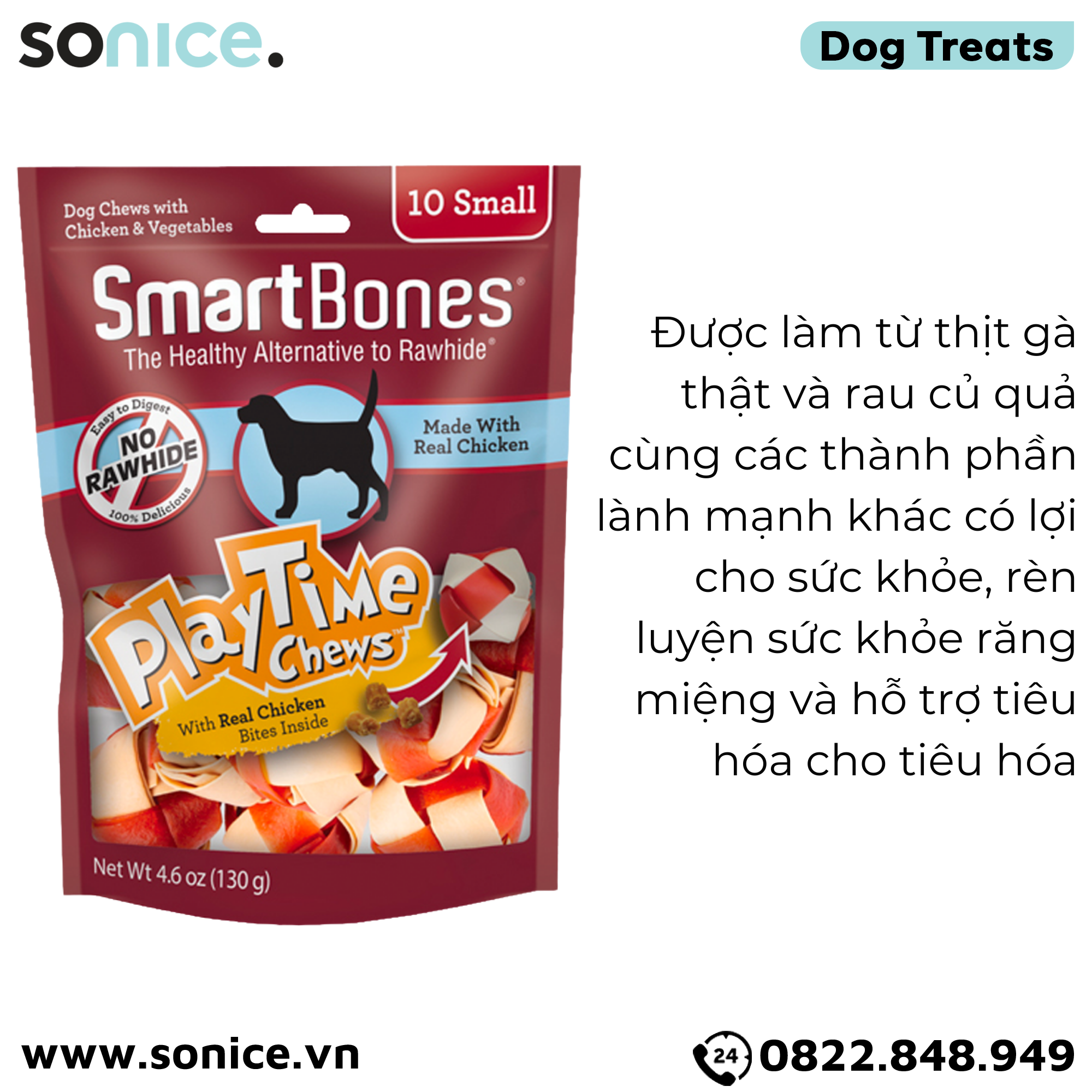  Treats SmartBones Play Time Chews Real Chicken & Vegetables Small size 130g - 10 treats - Có lõi thịt gà bên trong SONICE. 