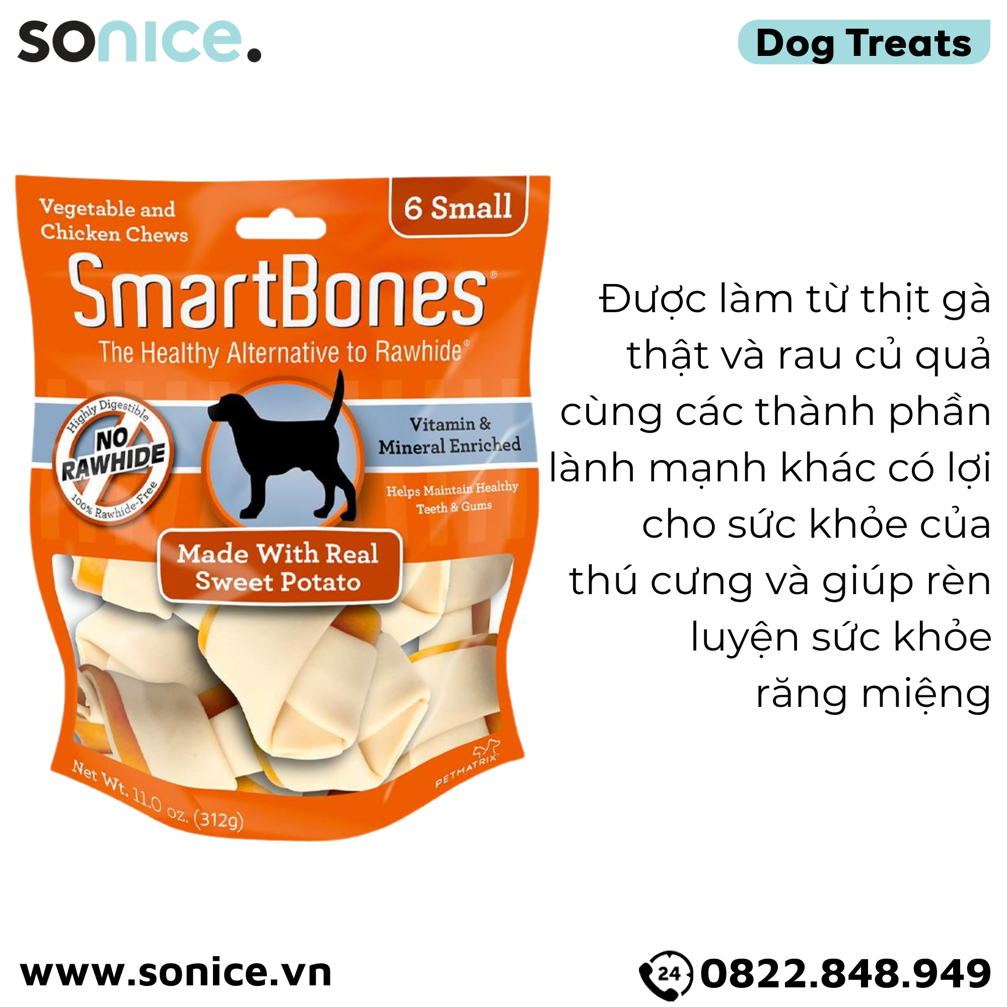  Treats SmartBones made with Real Sweet Potatoes & Chicken Small 312g - 10 khúc xương gặm khoai lang và thịt gà SONICE. 