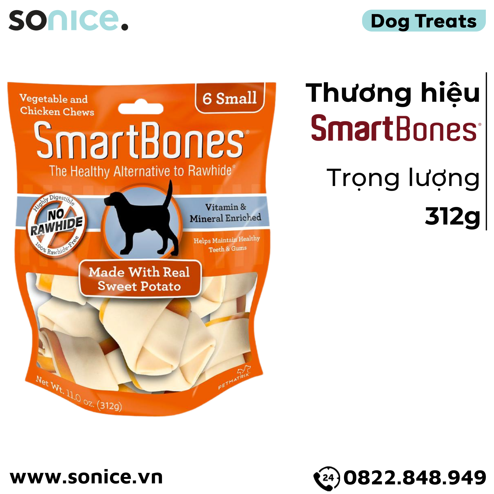  Treats SmartBones made with Real Sweet Potatoes & Chicken Small 312g - 10 khúc xương gặm khoai lang và thịt gà SONICE. 
