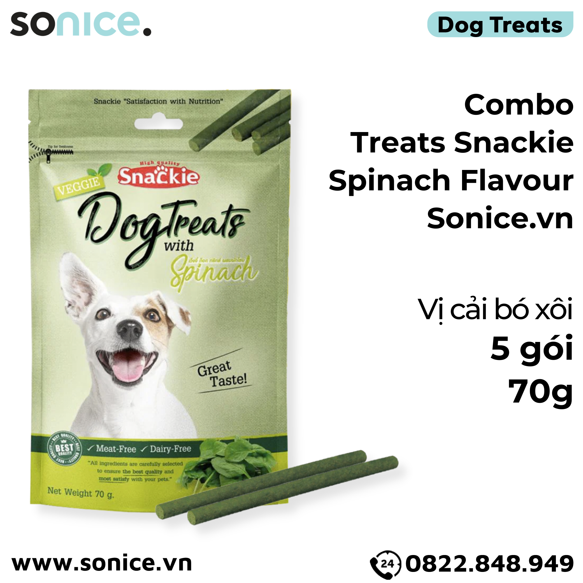  Combo Treats Snackie Spinach Flavour 70g - 5 gói- vị cải bó xôi dog treats SONICE. 