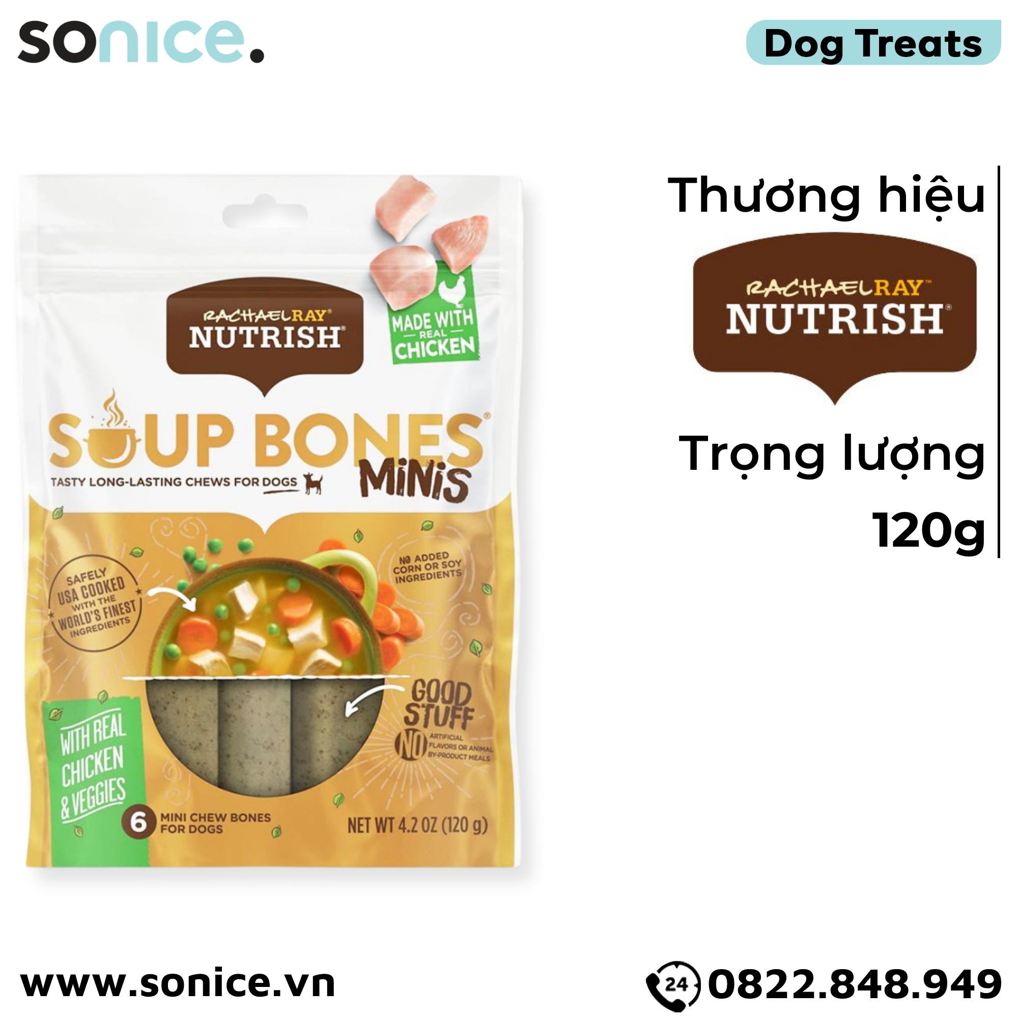  Treats Rachael Ray Nutrish Soup Bones Minis Chicken & Veggies Flavor for Dogs 120g - Thịt gà và rau củ cho chó SONICE. 