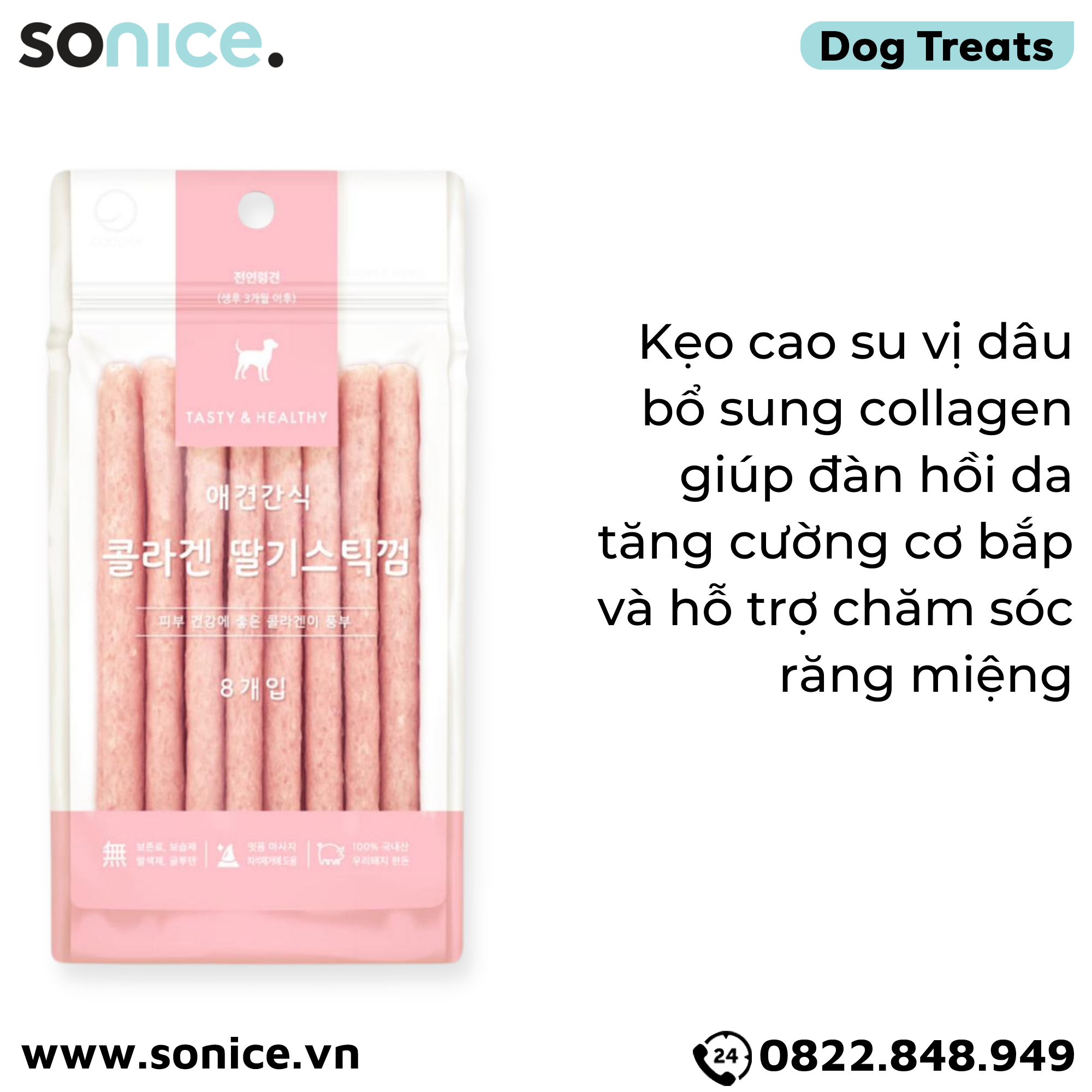  Treats Petsmix Collagen Strawberry Stick 40g - Vị dâu, bổ sung collagen SONICE. 