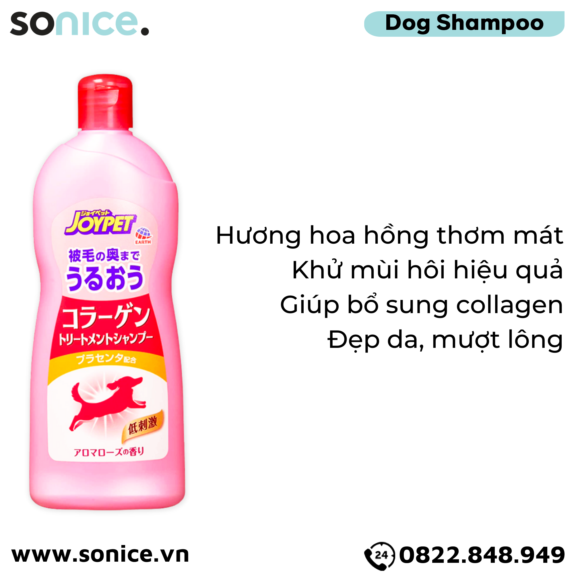  Sữa tắm Joy Johnson Colagen 2in1 Shampoo for Dogs 350ml - Hương hoa hồng, bổ sung Colagen, Nhật Bản - SONICE. 