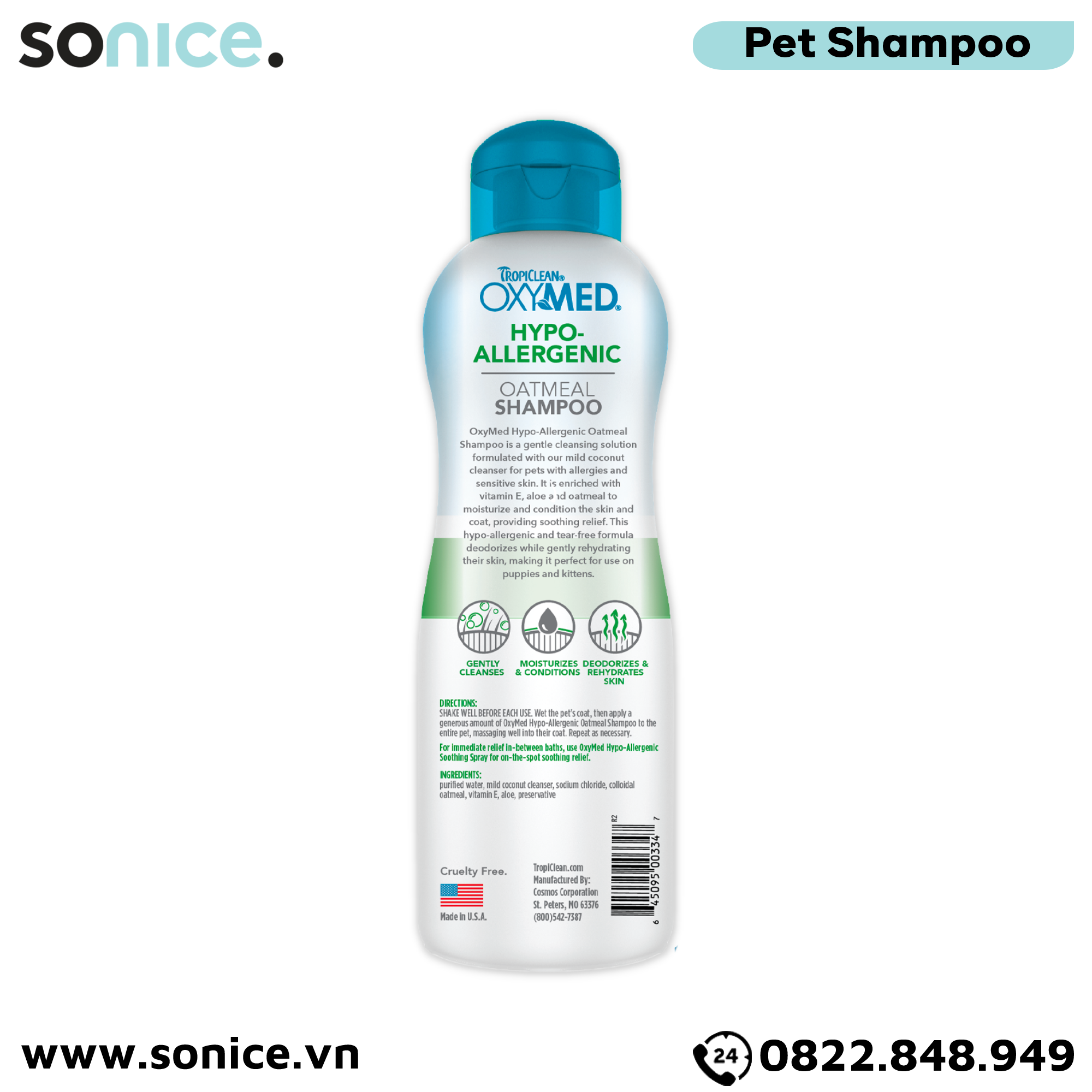  Sữa tắm TropiClean OXYMED Hypo-Allergenic 592ml - Dành cho chó mèo da nhạy cảm, hỗ trợ dị ứng SONICE. 