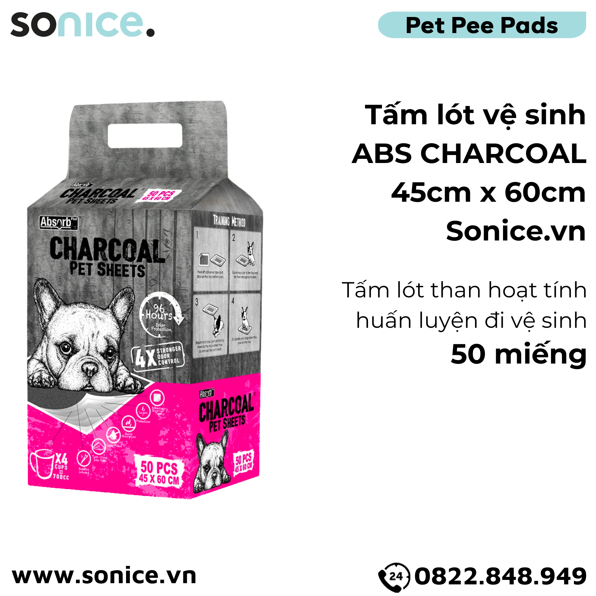  Tấm lót vệ sinh ABS CHARCOAL 45x60cm - 50 tấm than hoạt tính huấn luyện Pee Pads SONICE. 