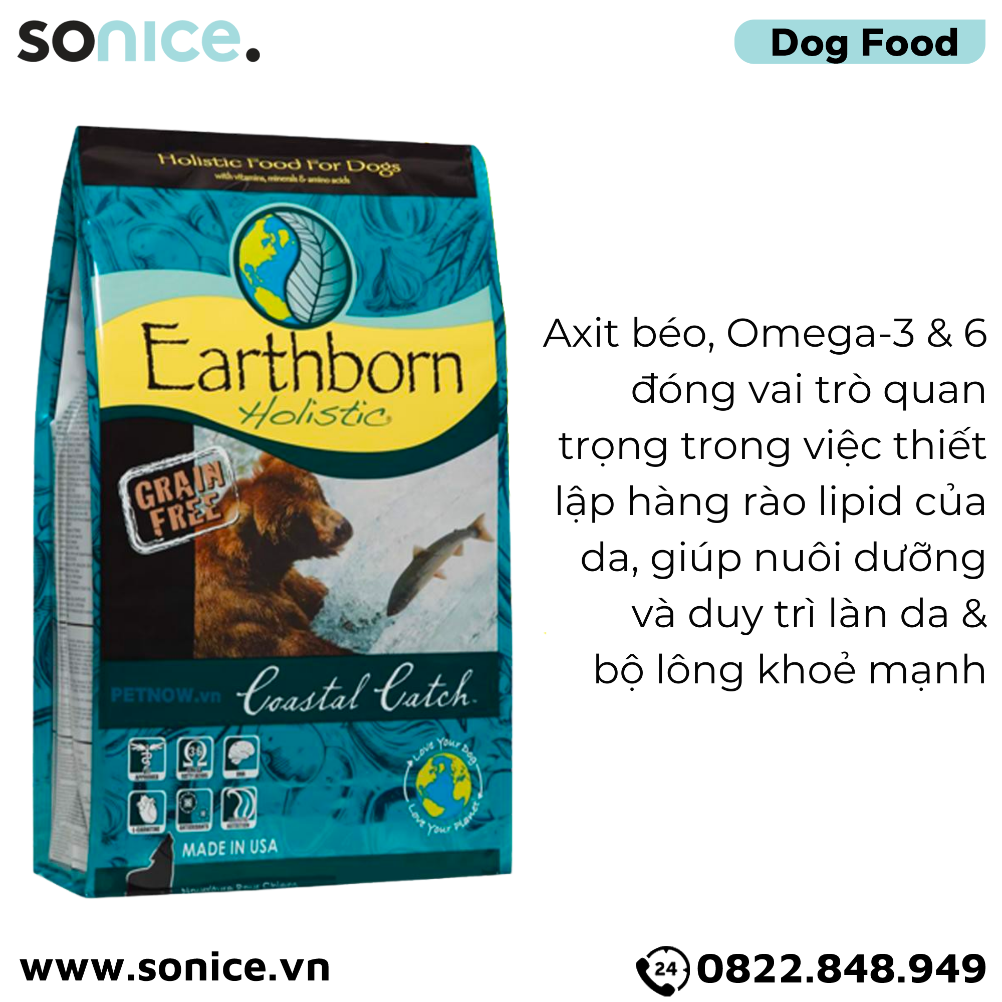  Thức ăn chó Earthborn Coastal Catch - 12kg dành cho mọi lứa tuổi SONICE. 