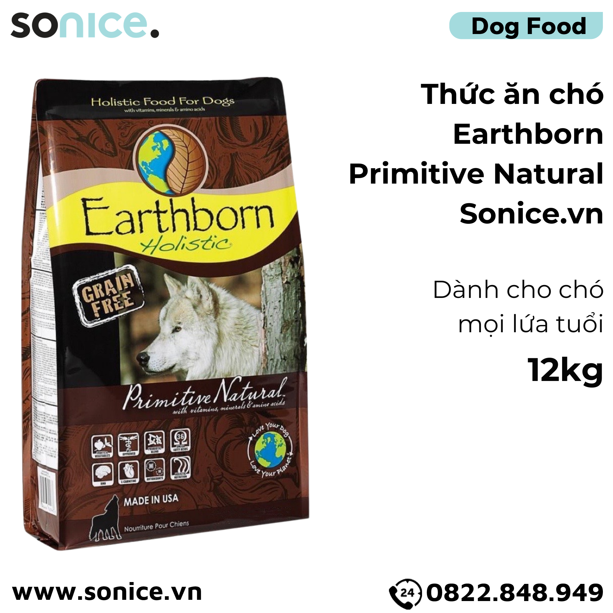  Thức ăn chó Earthborn Primitive Natural - 12kg dành cho mọi lứa tuổi SONICE. 