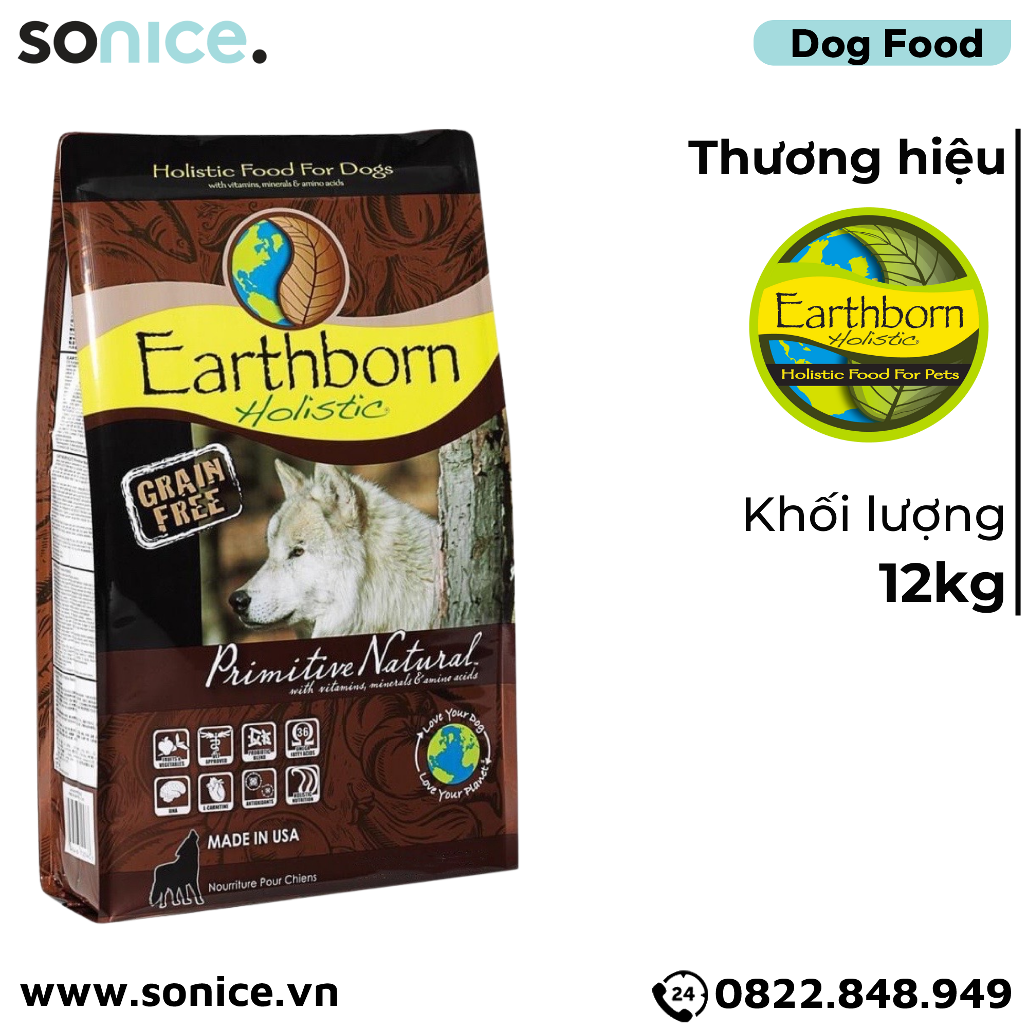 Thức ăn chó Earthborn Primitive Natural - 12kg dành cho mọi lứa tuổi SONICE. 
