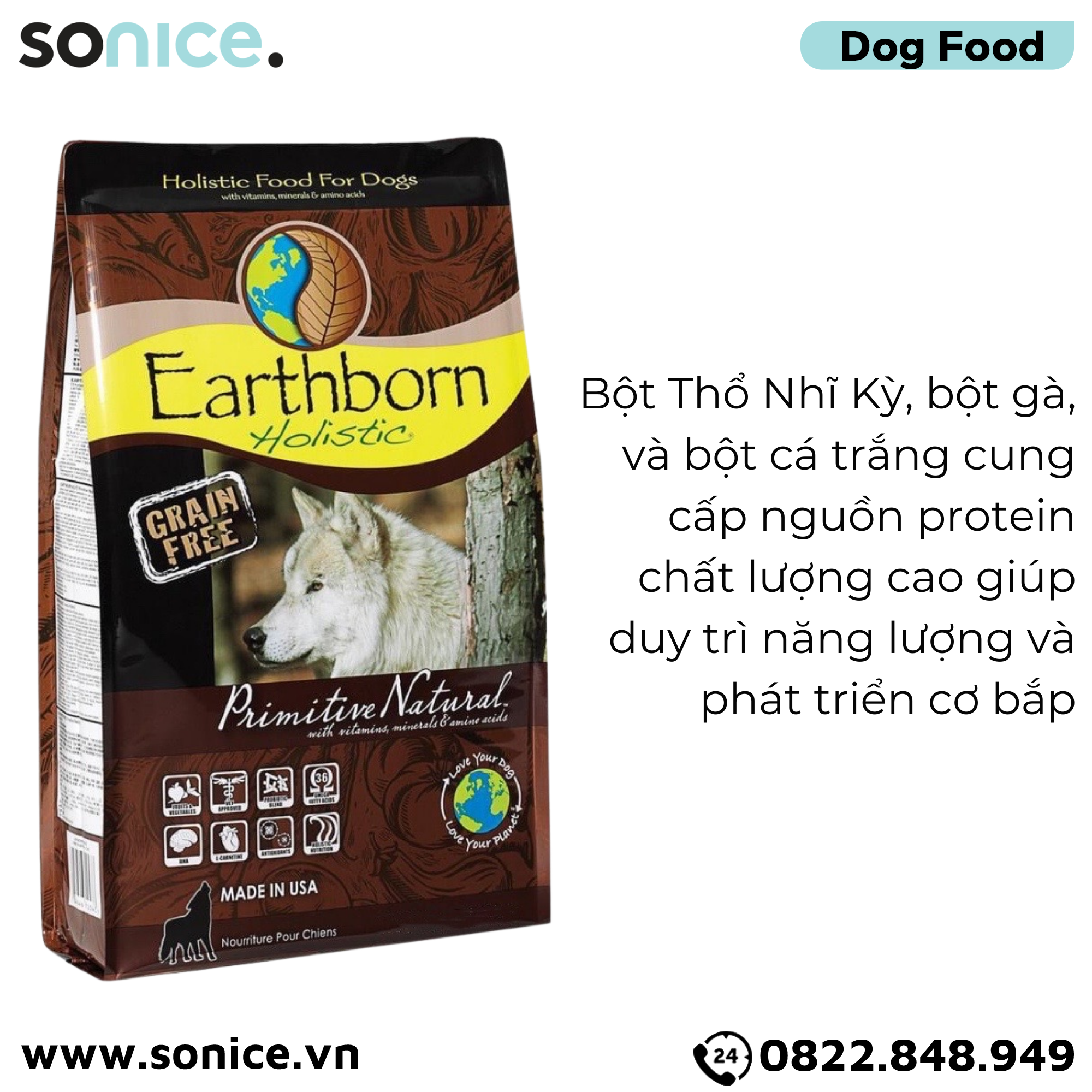  Thức ăn chó Earthborn Primitive Natural - 12kg dành cho mọi lứa tuổi SONICE. 